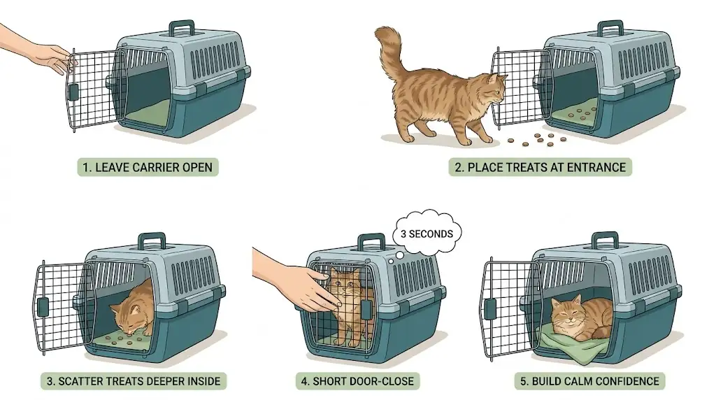 Step sequence showing cat gradually getting comfortable entering and resting in a carrier