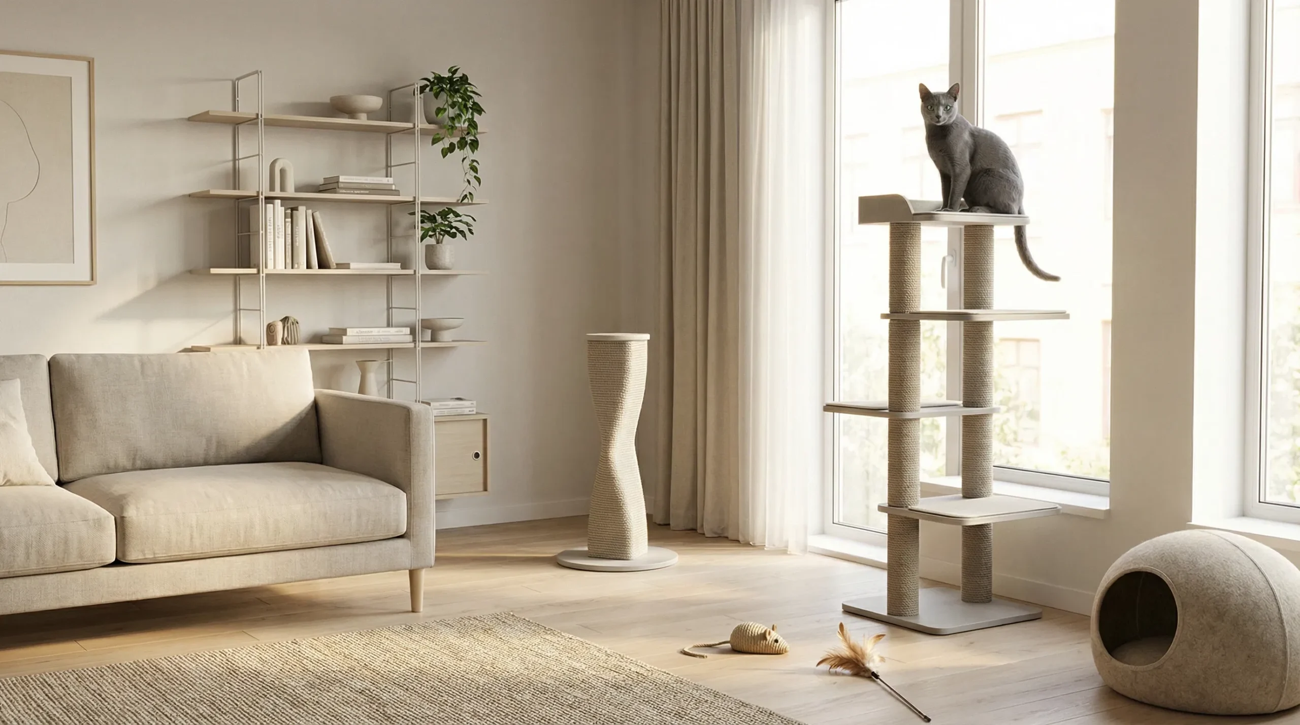 A modern, cat-friendly apartment showing a gray cat on a stylish cat tree