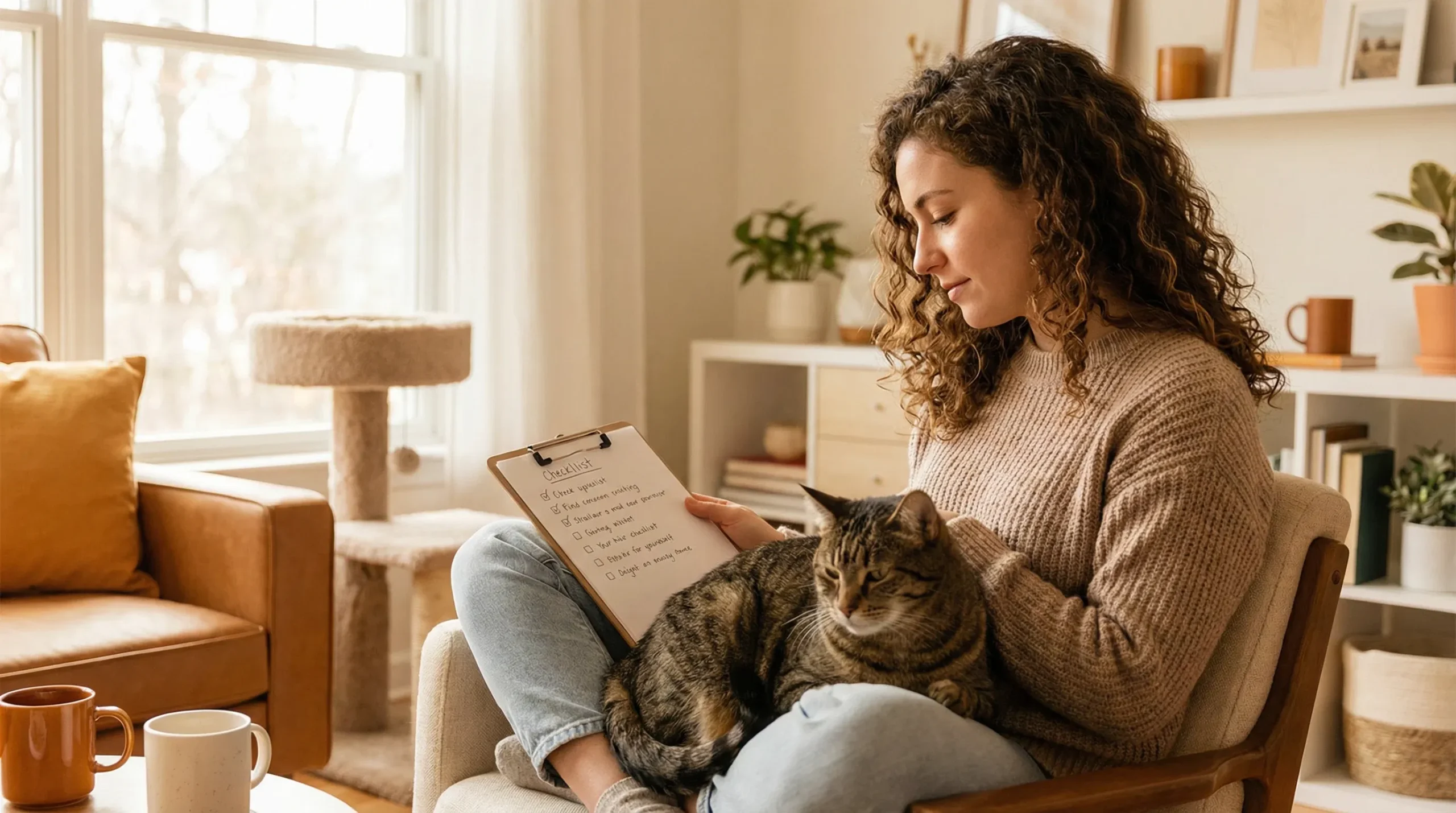 A woman sitting peacefully on a sofa, hugging a fluffy gray cat, illustrating the mental health benefits of cat ownership
