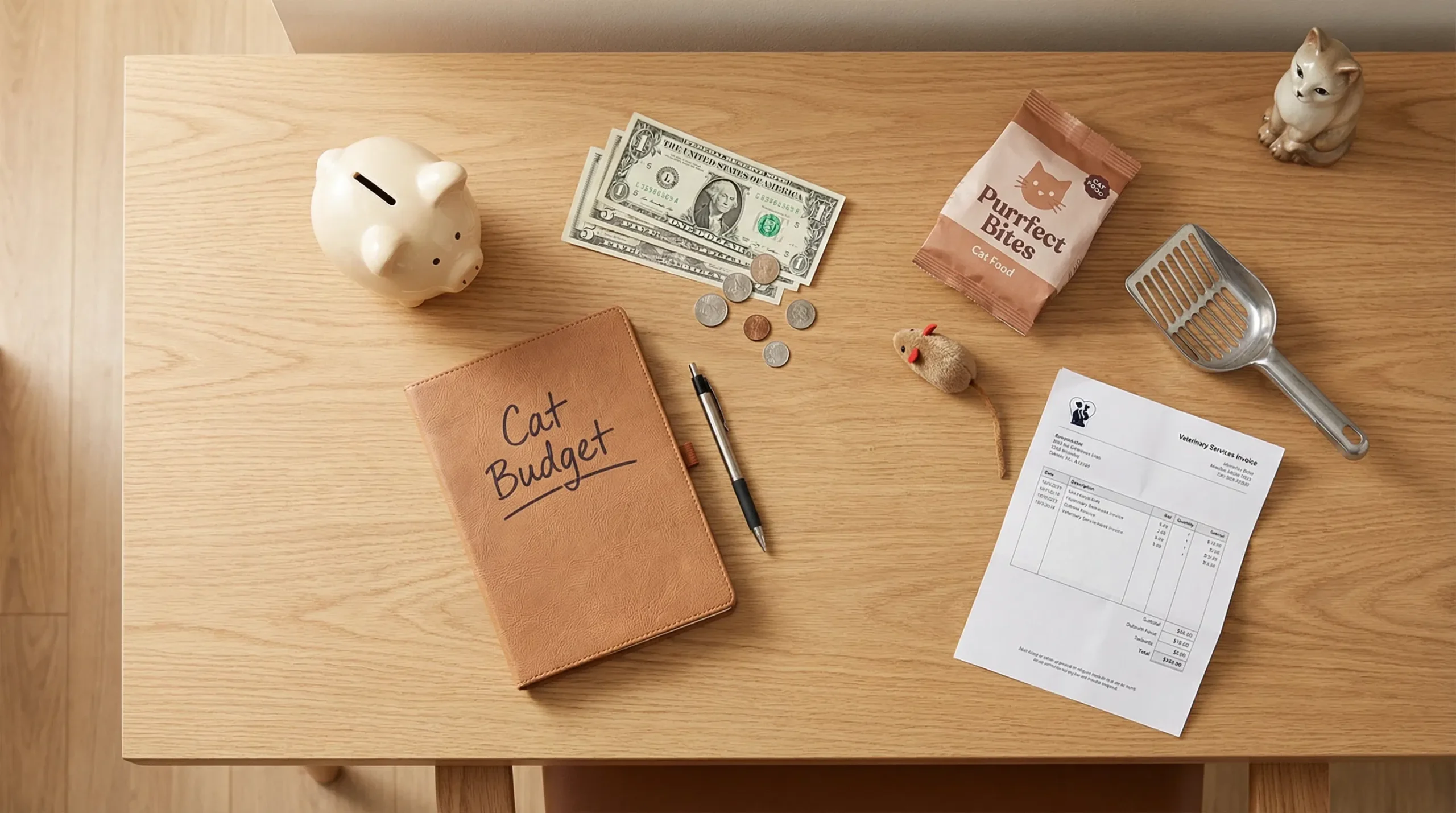 Financial planning for cat ownership showing a budget notebook, money, and essential pet supplies