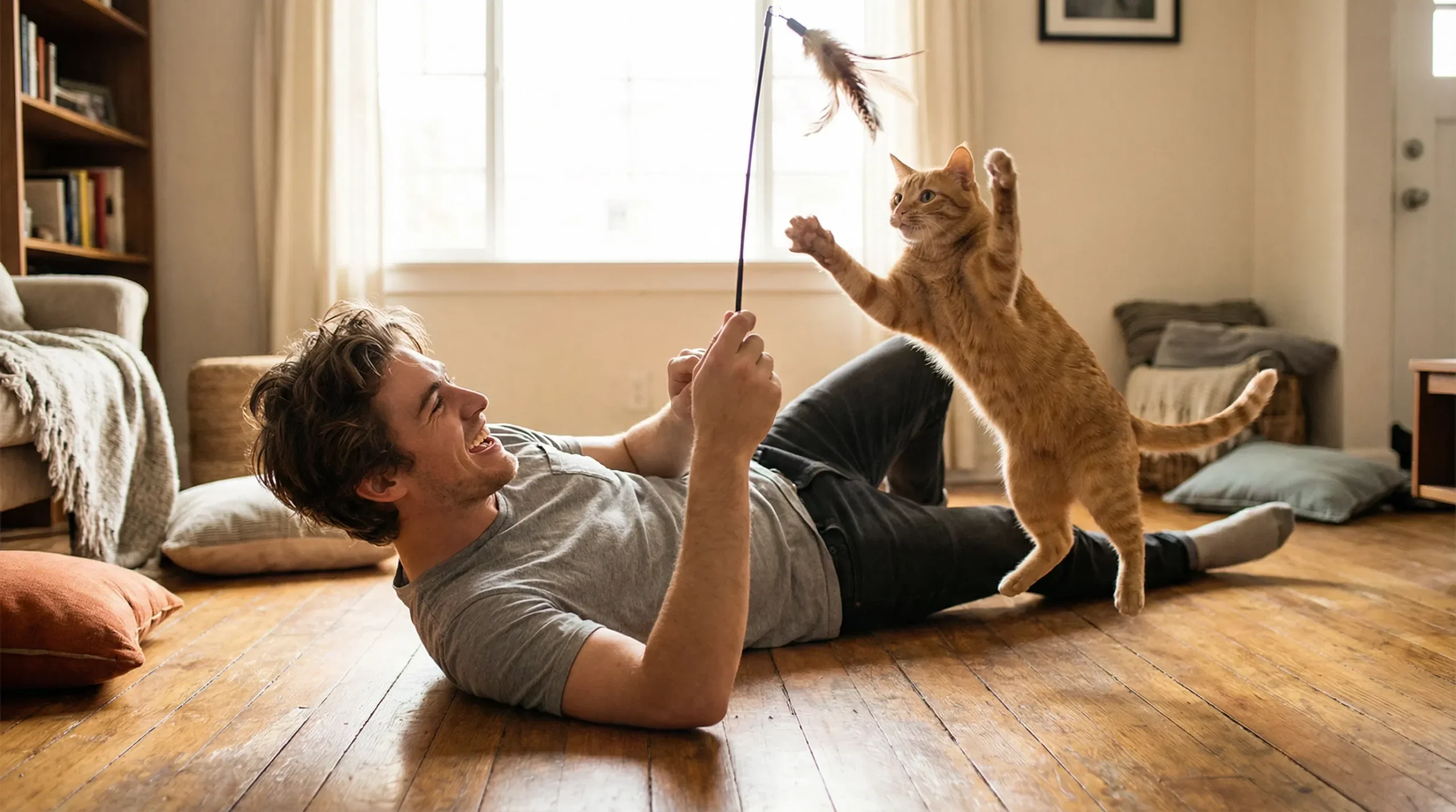 A man playing with an orange tabby cat using a feather wand, illustrating the daily time commitment for cat enrichment