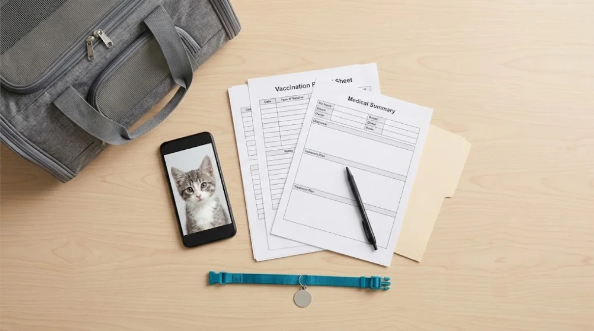 Flat lay of cat ID and travel paperwork essentials next to a carrier