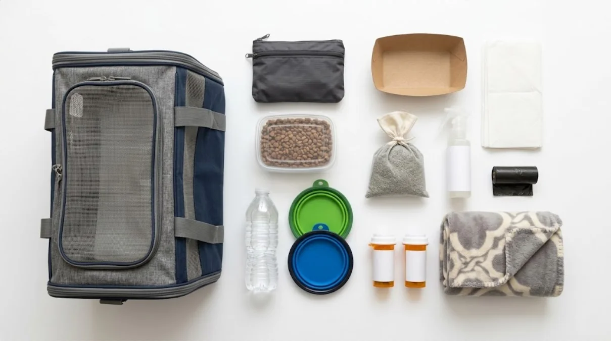 Organized cat travel kit items laid out with carrier and small bag