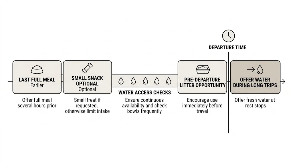Timeline infographic for feeding, hydration, and litter timing when traveling with a cat