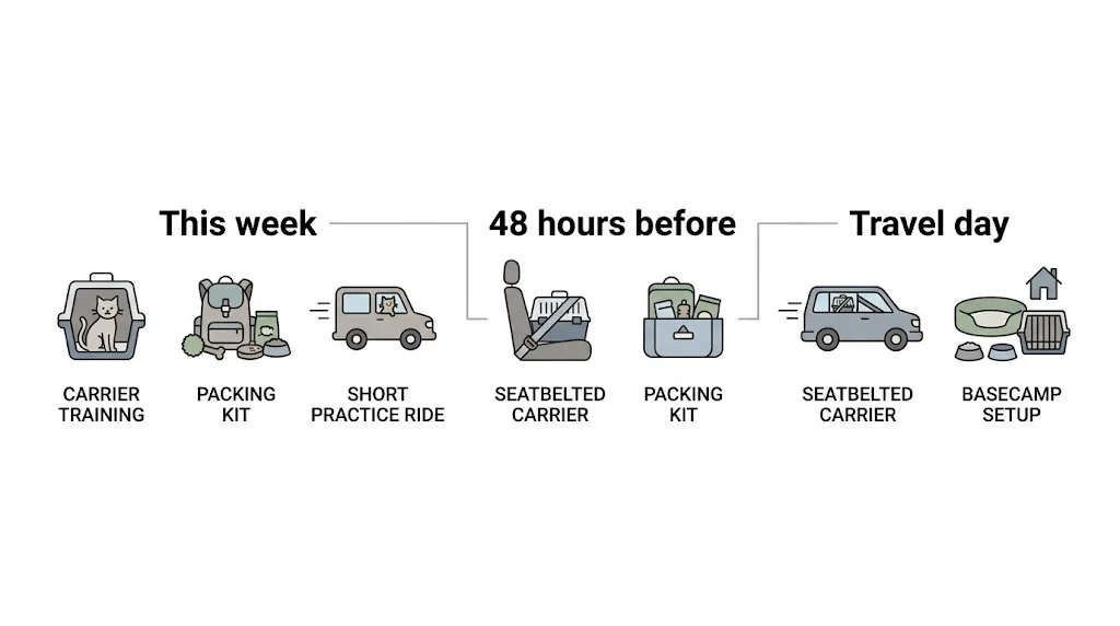 Timeline infographic showing what to do weeks ahead, 48 hours before, and on travel day with a cat