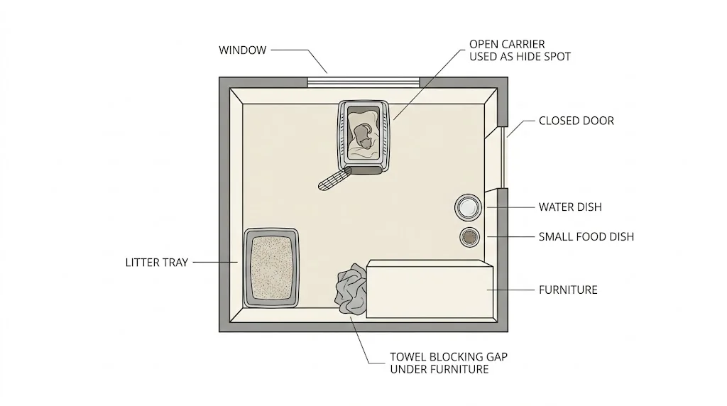 Top-down layout of a simple basecamp room setup for a cat in a hotel
