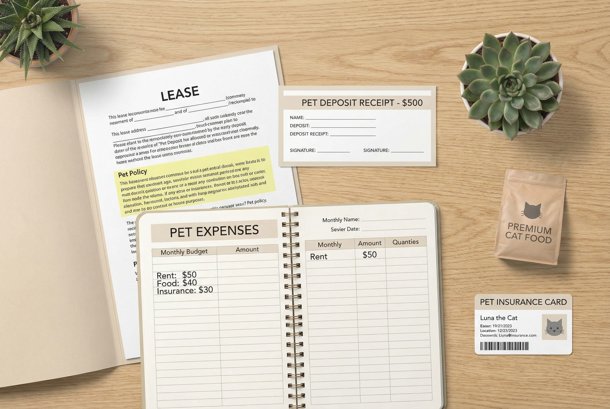 Overhead flat-lay showing a lease with a pet policy section, a pet deposit receipt, a pet expenses budget planner, and a pet insurance card