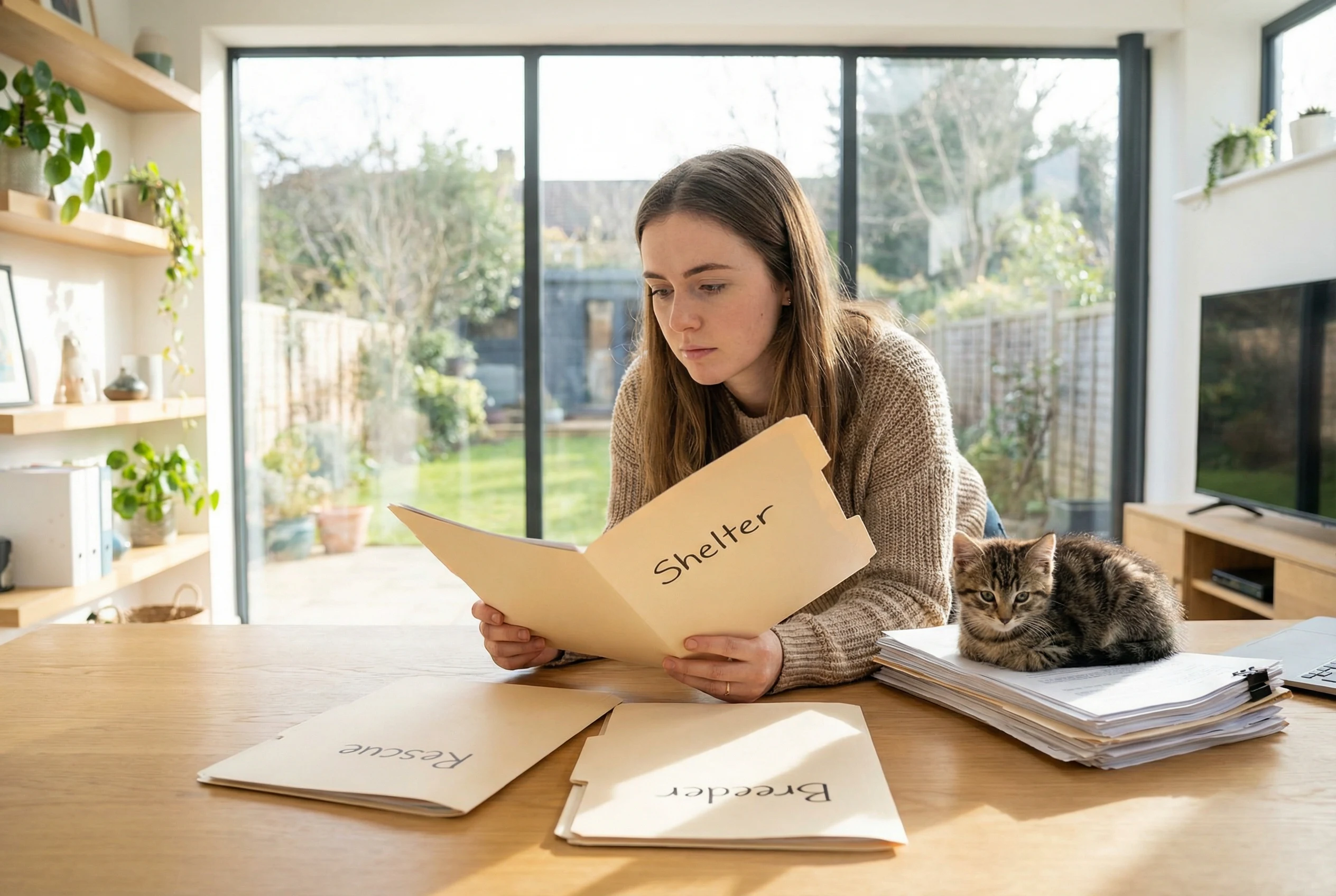 A young woman reviewing folders labeled Shelter, Rescue, and Breeder at a table while a tabby kitten sits beside her
