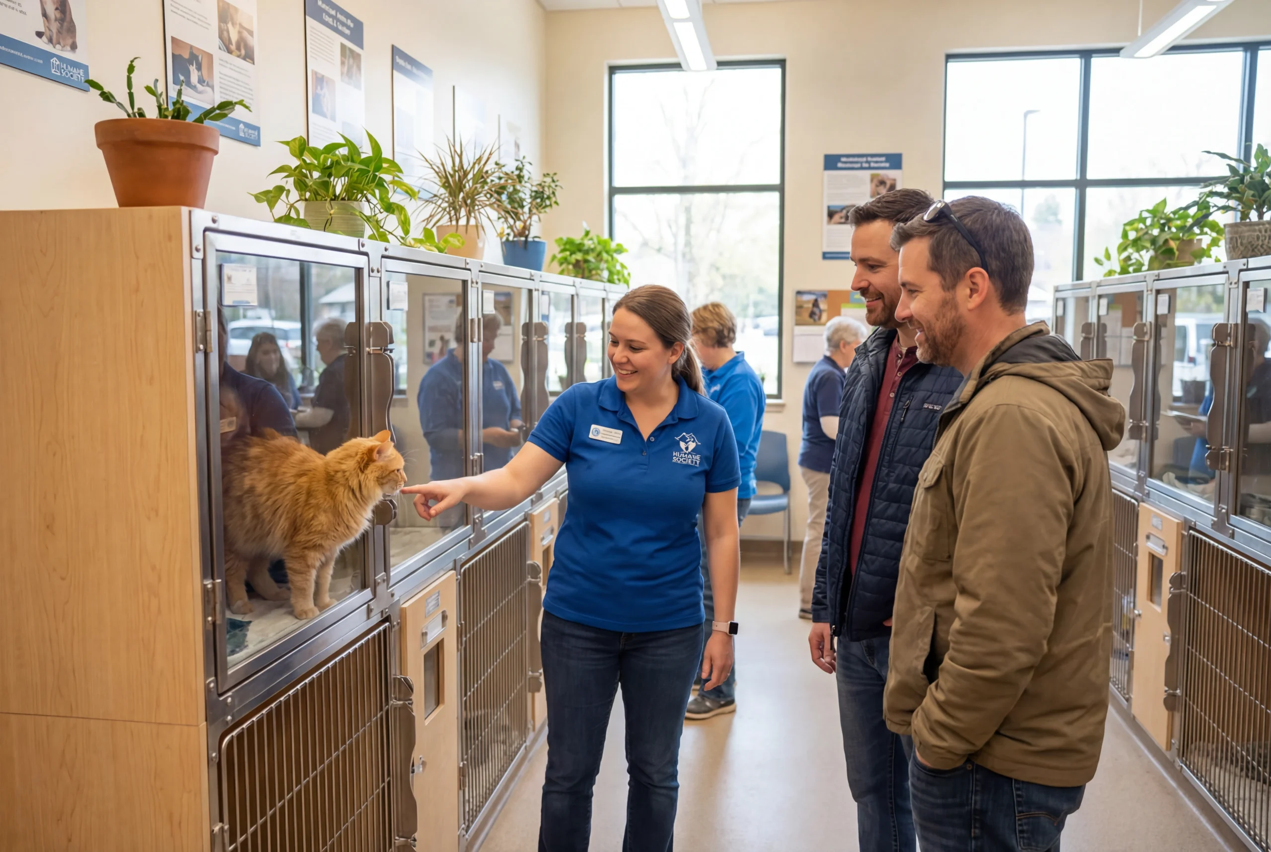 A Humane Society staff member introducing an orange tabby cat to prospective adopters inside a clean, modern animal shelter