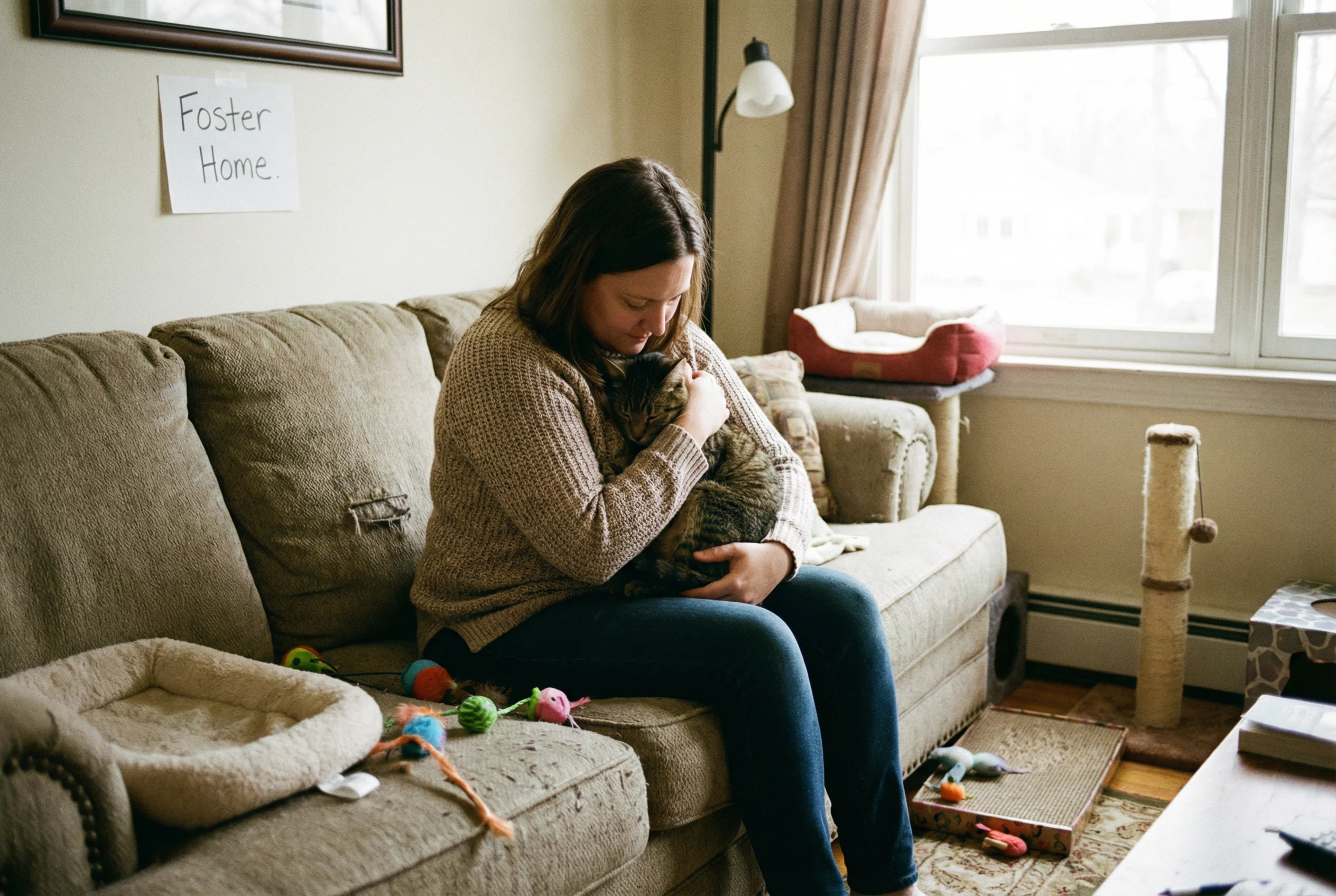 A volunteer foster parent gently holding a shy rescue cat on a sofa in a cozy home environment with cat toys and a scratching post