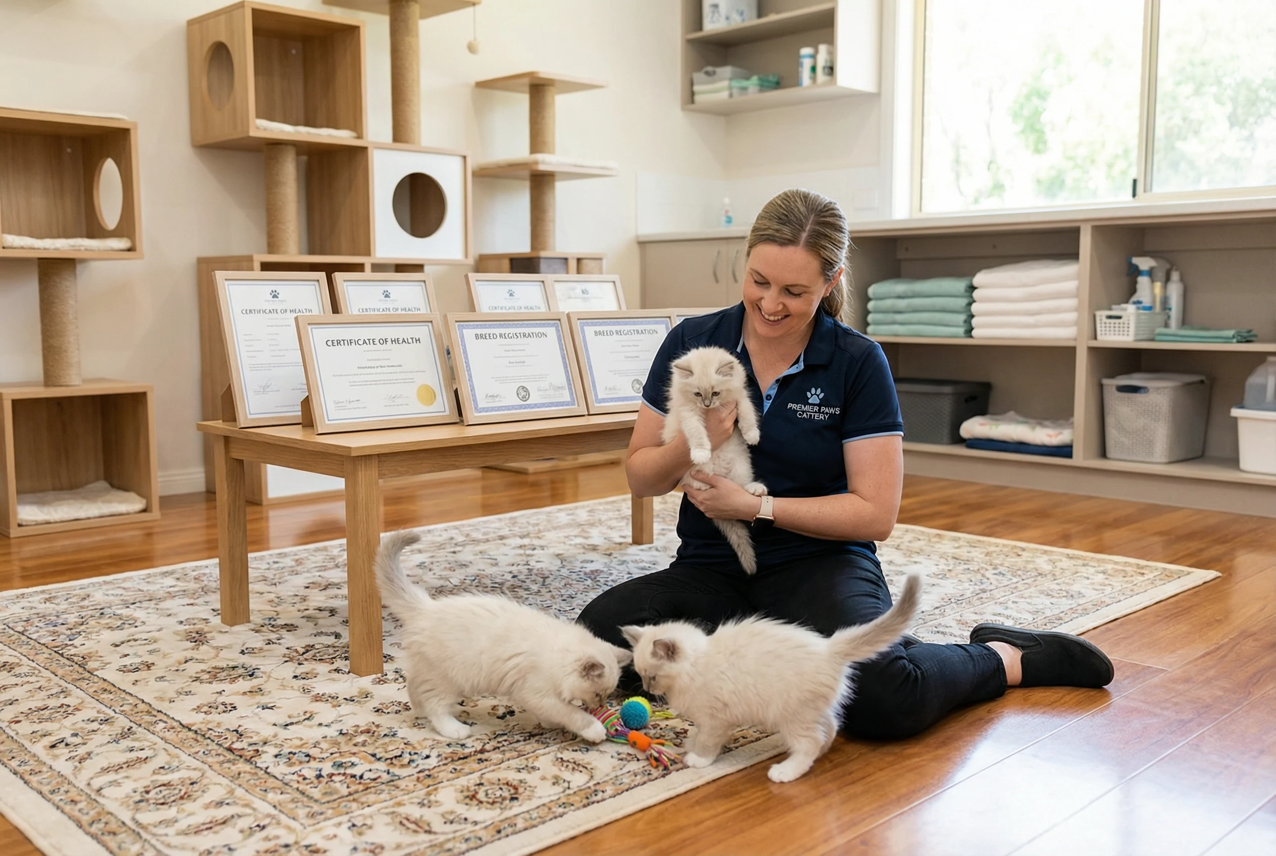 A professional breeder sitting on the floor of a clean cattery surrounded by healthy purebred kittens with health certificates visible on a table