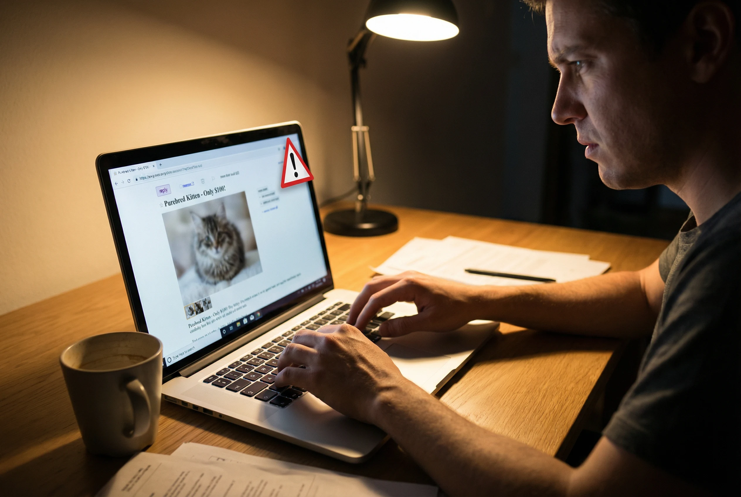 A man viewing a suspicious online kitten listing on a laptop at night with a red warning triangle icon indicating a potential scam