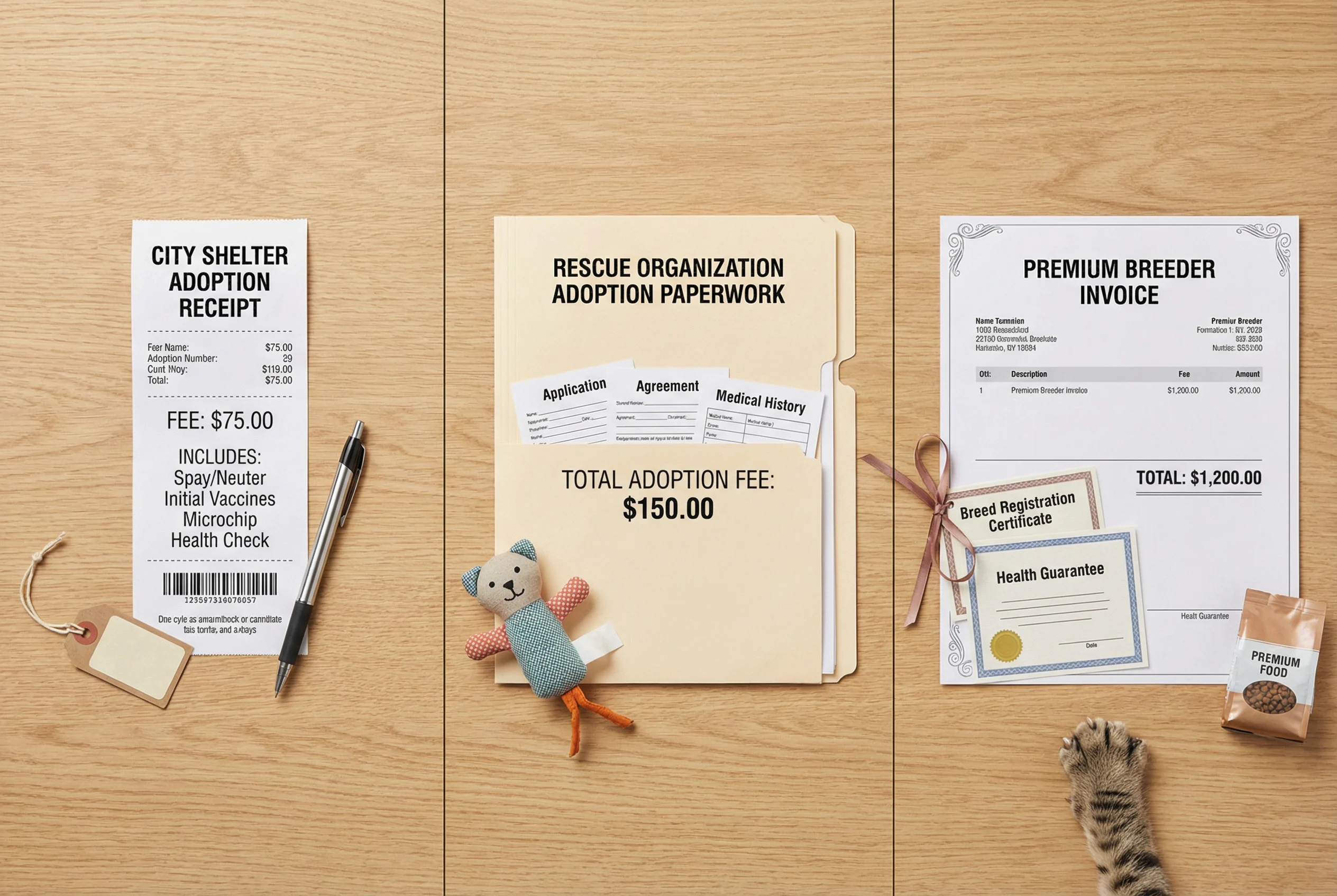 A flat-lay comparison showing a shelter adoption receipt for $75, rescue organization paperwork for $150, and a premium breeder invoice for $1,200