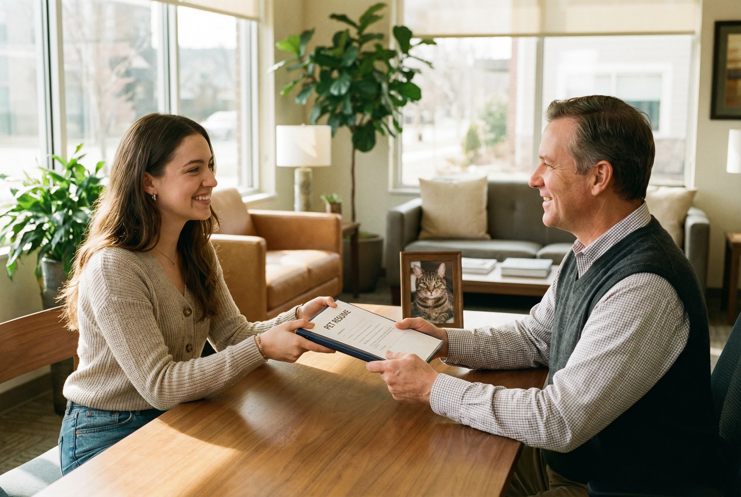 A young tenant handing a Pet Resume document to a landlord across a table, with a framed photo of a cat on the desk