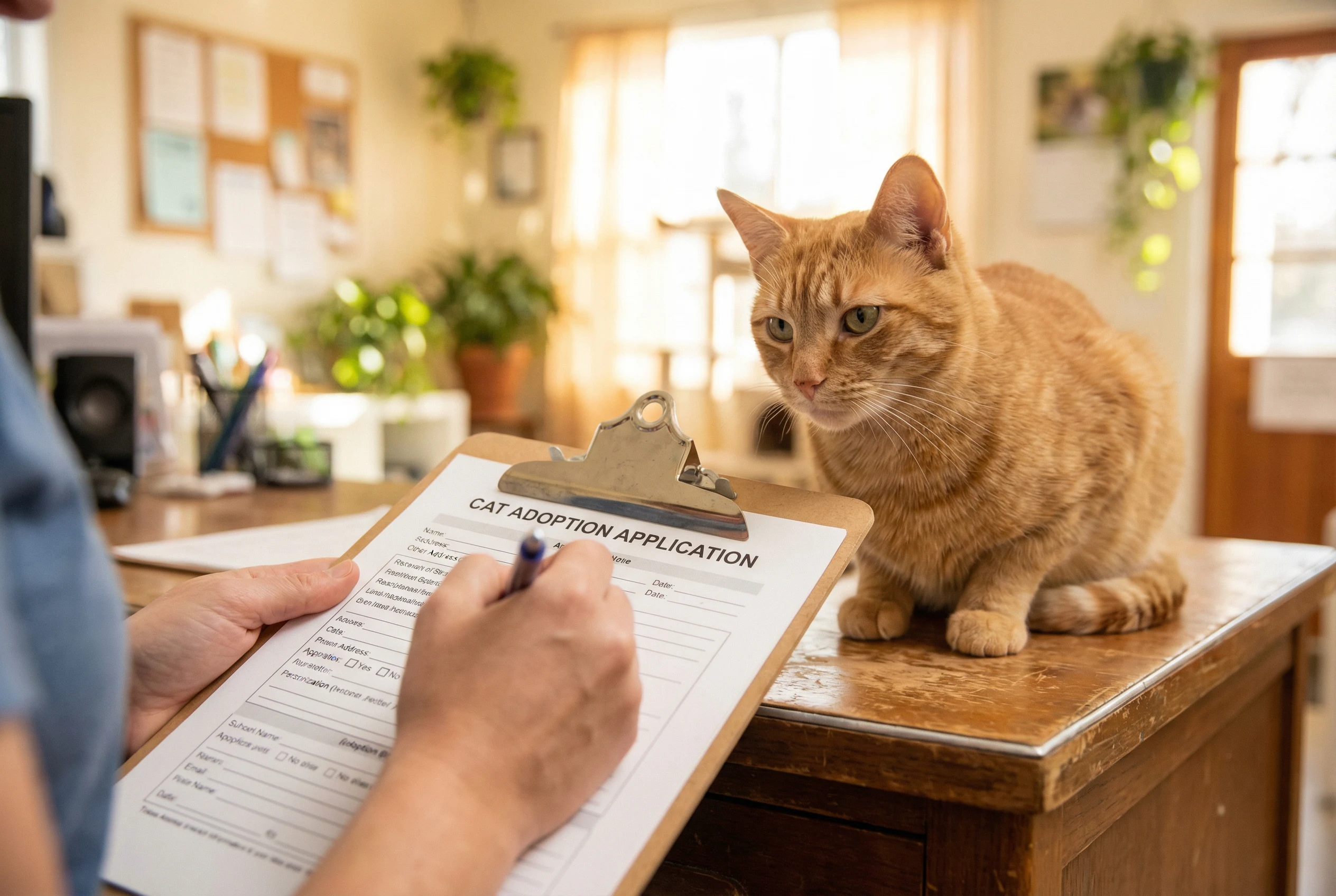 A person filling out a cat adoption application form on a clipboard while an orange tabby cat watches from the shelter desk