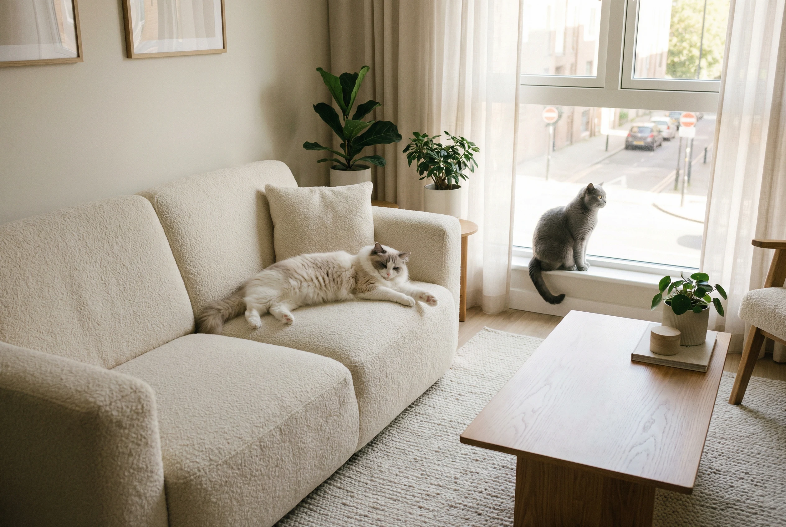 A fluffy Ragdoll cat lying on a white sofa and a British Shorthair sitting on a window sill in a bright, modern apartment