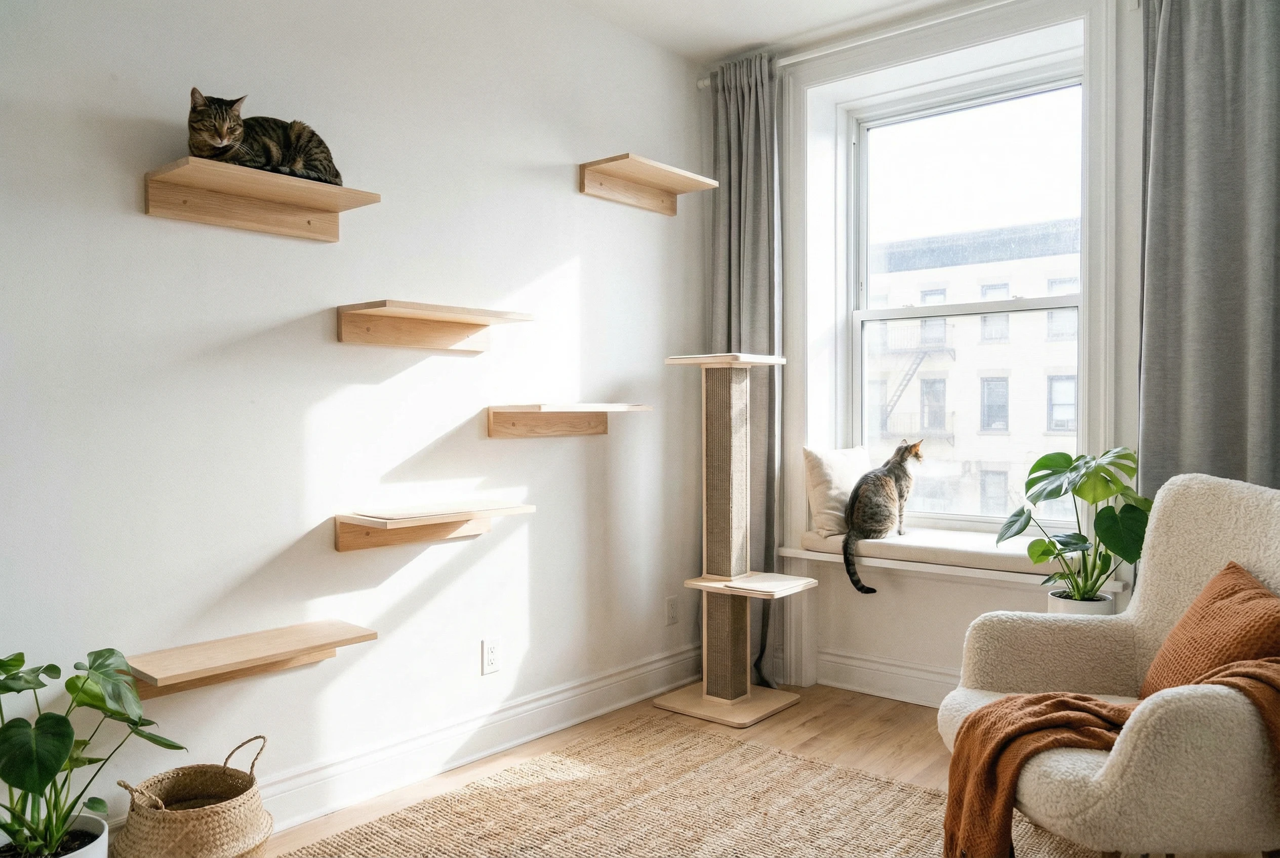 A minimalist apartment corner with wall-mounted floating cat shelves, a slim cat tree, and a window perch for vertical enrichment