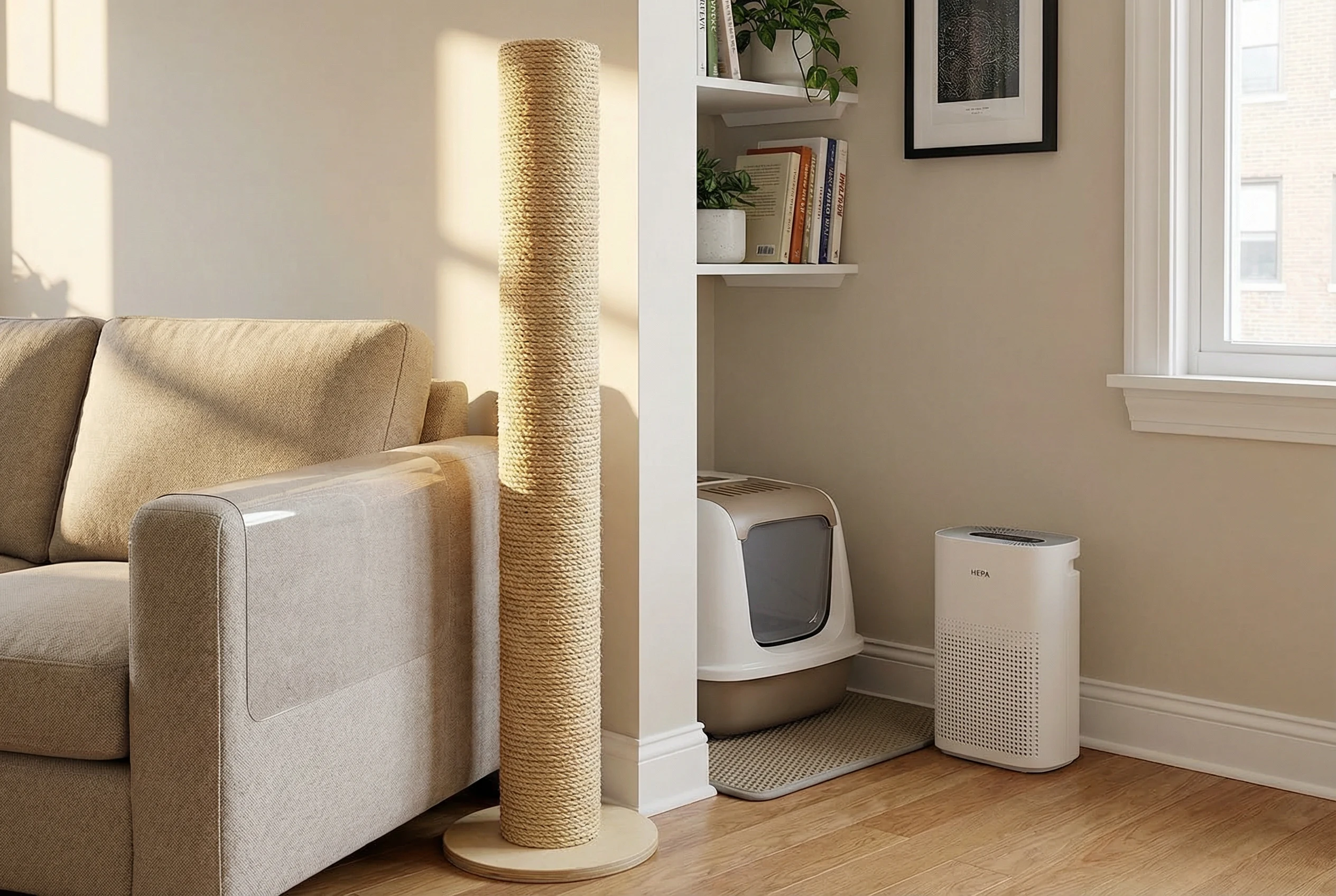 A well-organized apartment corner showing a tall sisal scratching post next to a sofa, a covered litter box, and a HEPA air purifier