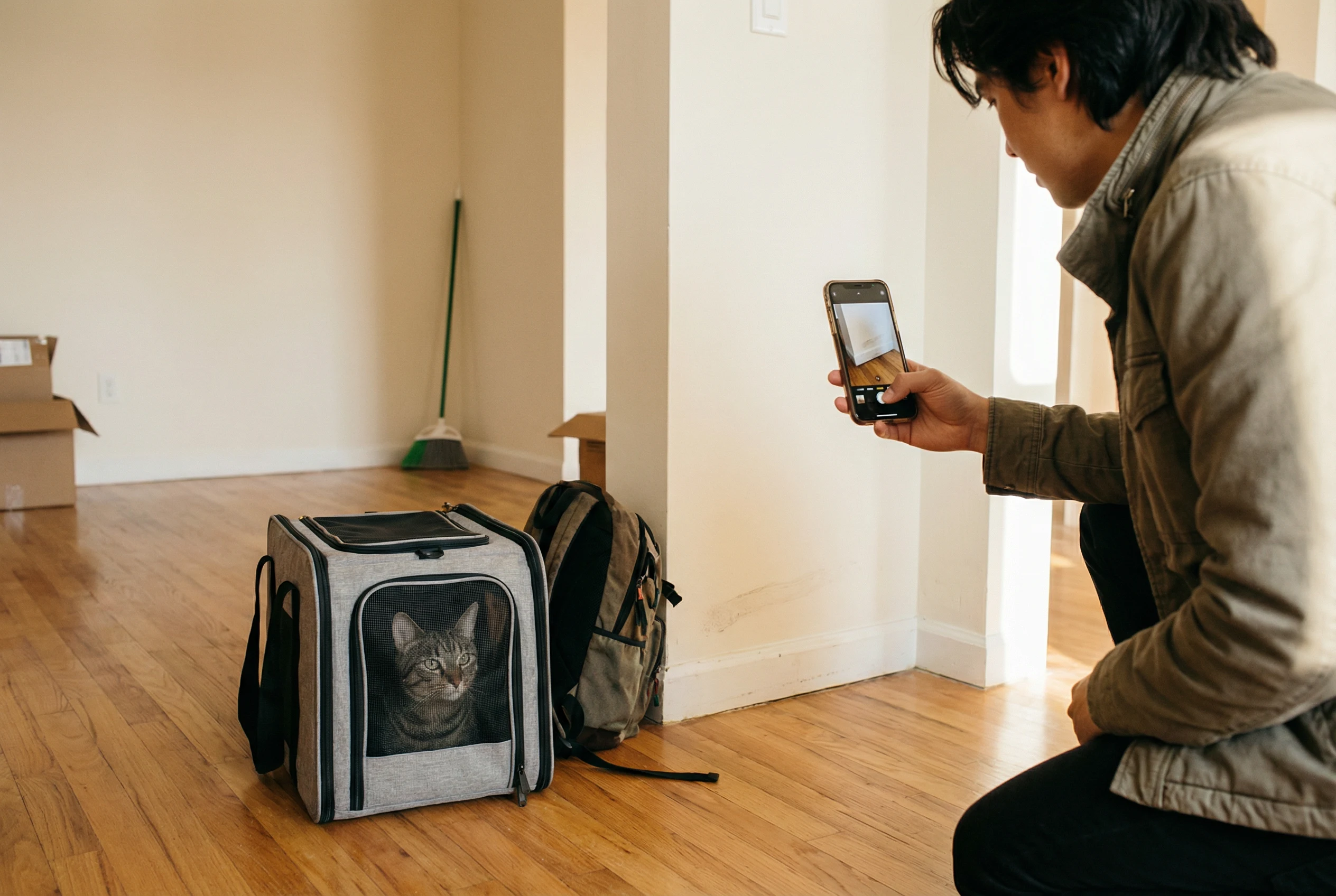 A person photographing an empty apartment wall with a smartphone while a cat waits in a carrier on the floor
