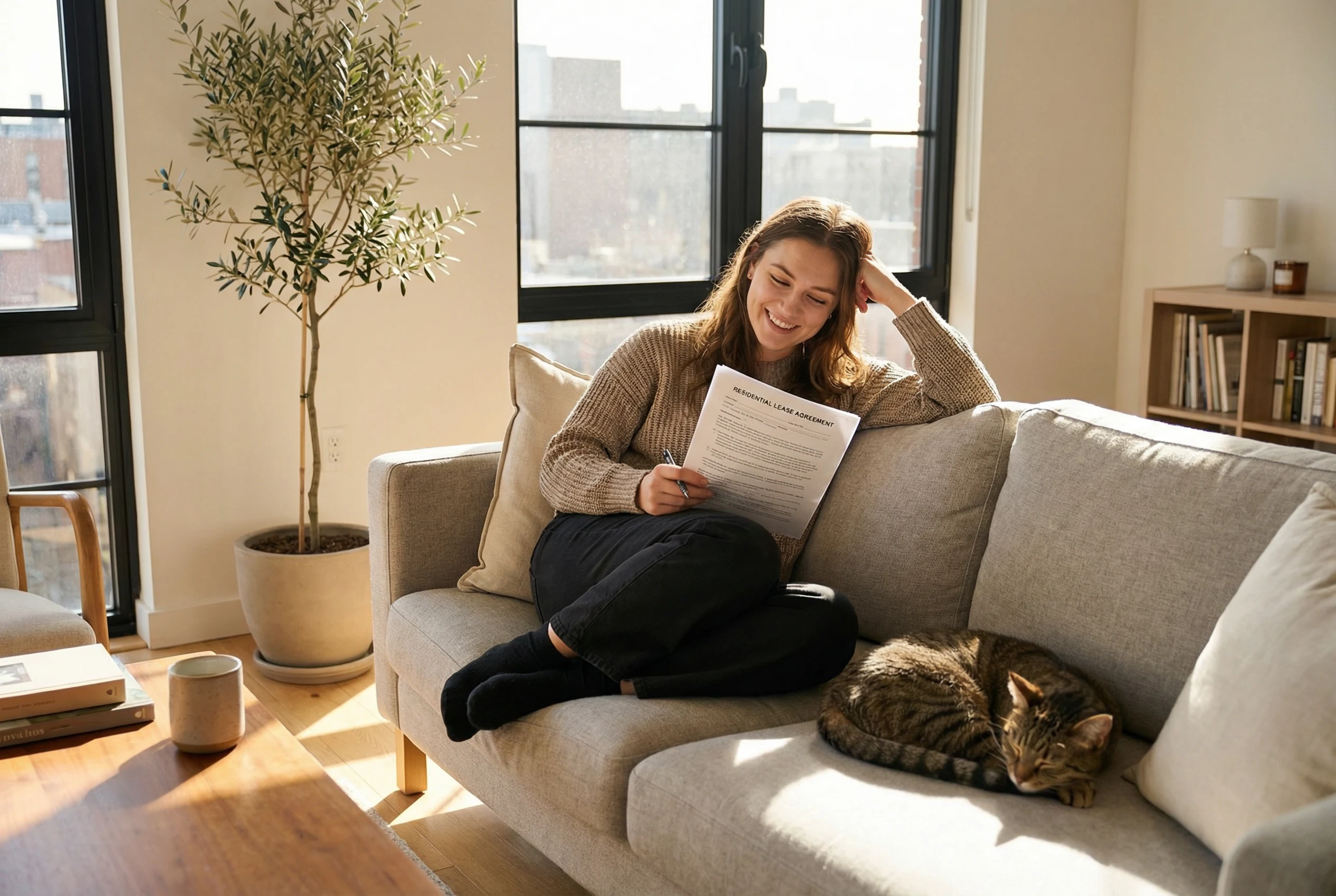 A young woman reviewing a residential lease agreement on her apartment sofa with a calm tabby cat resting beside her