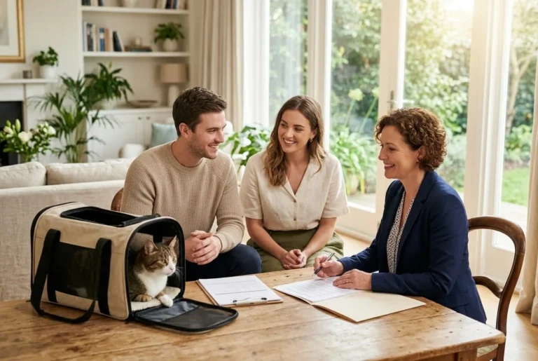 Young couple meeting with a pet adoption counselor to review an adoption application with a cat carrier on the table