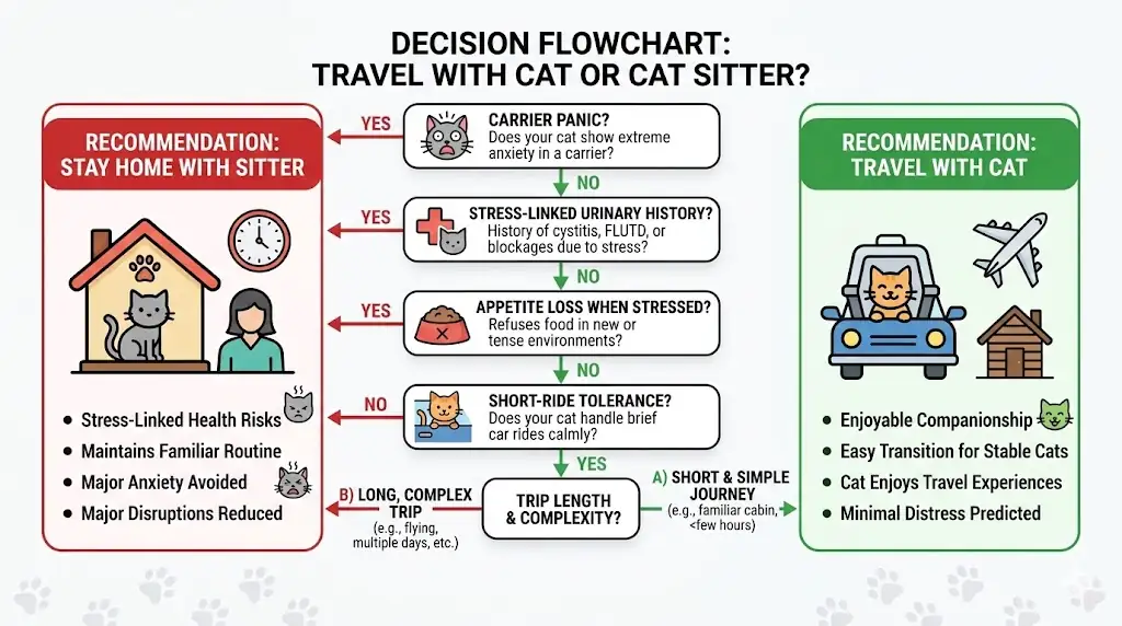 Decision flowchart for whether a cat should travel or stay home with a sitter