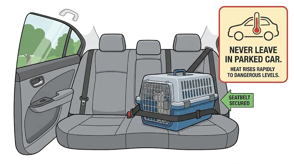 Diagram showing a cat carrier secured with a seatbelt in the back seat and temperature safety warning