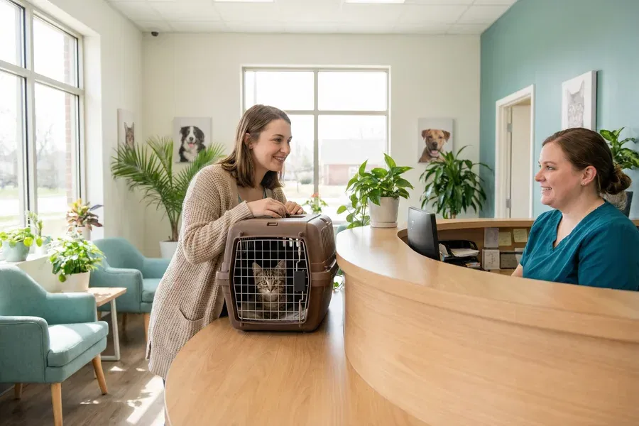 A new cat owner arriving at a veterinary clinic reception desk, holding a secure cat carrier with a tabby kitten inside, greeted by a smiling receptionist
