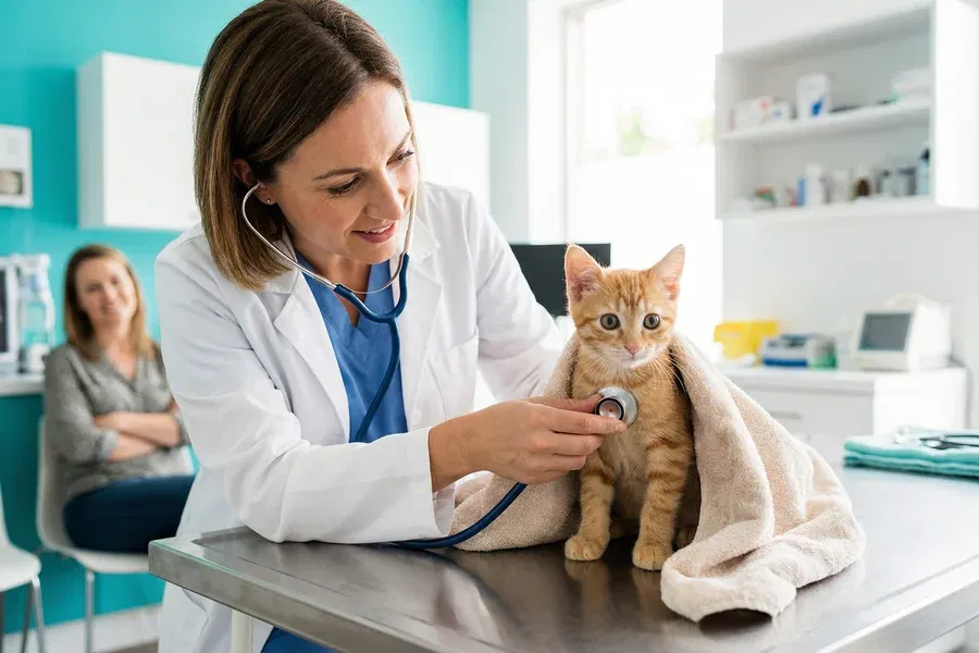 A female veterinarian in a white lab coat using a stethoscope to examine an orange tabby kitten on an exam table during a first vet visit, with the cat owner watching in the background