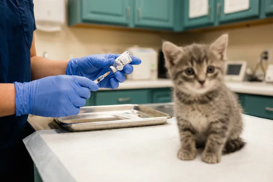 A veterinary technician in blue gloves preparing a FVRCP vaccine syringe beside a small grey kitten sitting calmly on a veterinary exam table