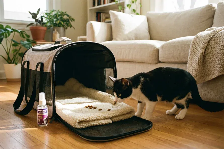 A black and white cat sniffing treats inside an open soft-sided cat carrier placed on a living room floor, with a Feliway pheromone spray bottle beside it, demonstrating carrier desensitization training