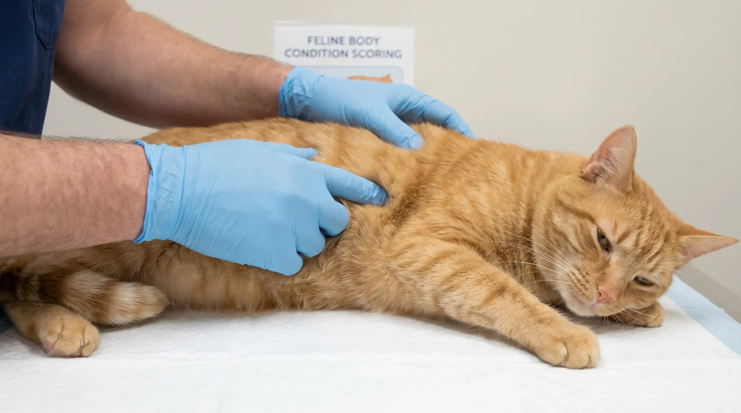 Gentle hands carefully feeling the ribs of a relaxed orange tabby cat — demonstrating the proper technique for an at-home Body Condition Score assessment.