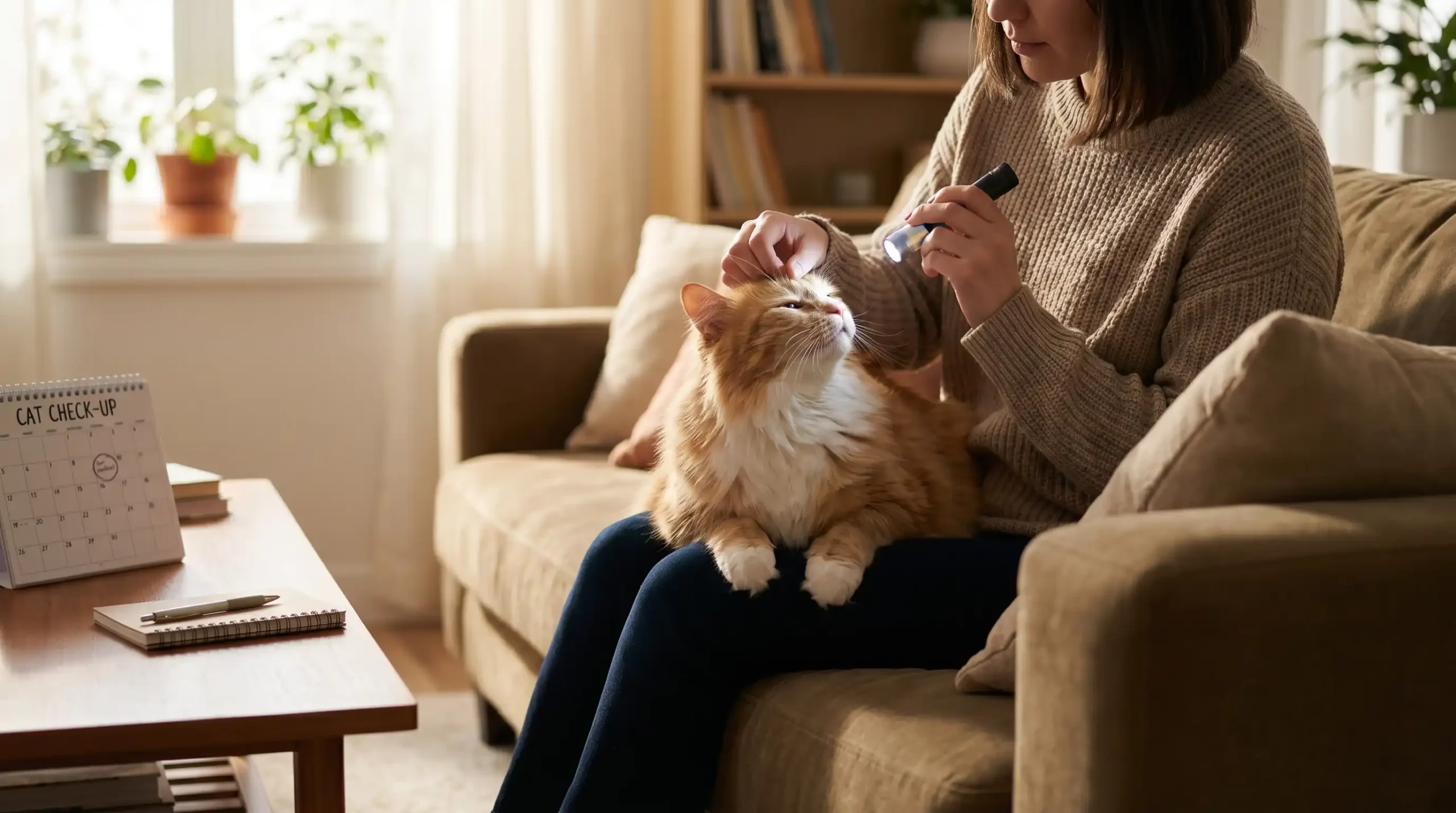 A caring cat owner sitting on a couch at home, gently examining their fluffy cat — illustrating the importance of a monthly at-home health check routine.