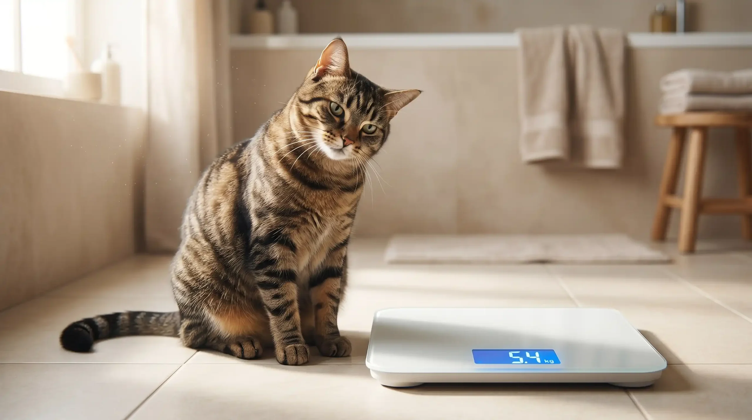 A domestic tabby cat sitting next to a white digital bathroom scale, looking curiously at the scale — illustrating why weight alone cannot determine if your cat is truly healthy.