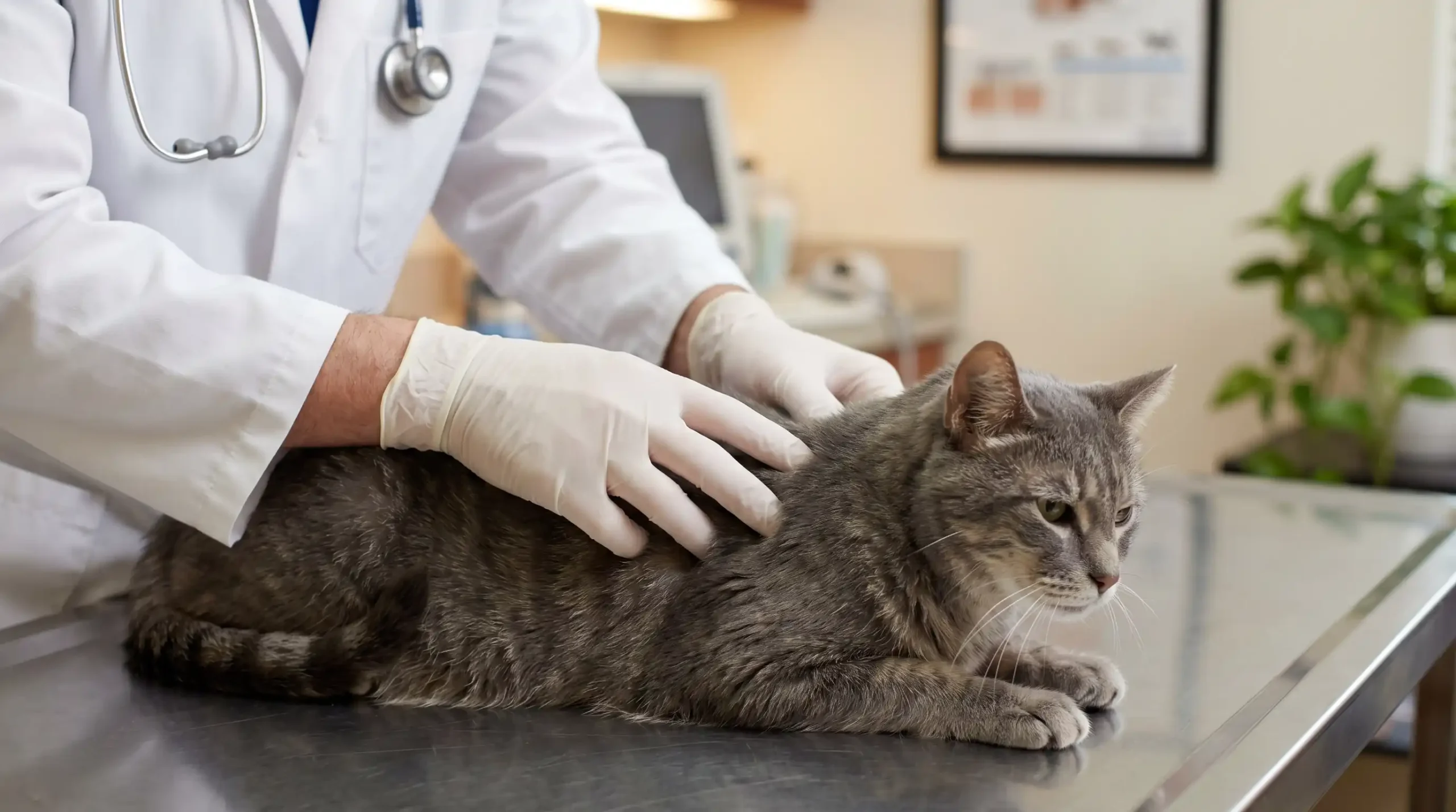 A veterinarian gently examining a senior gray cat on an examination table, palpating the spine and shoulder blades to assess muscle condition score.