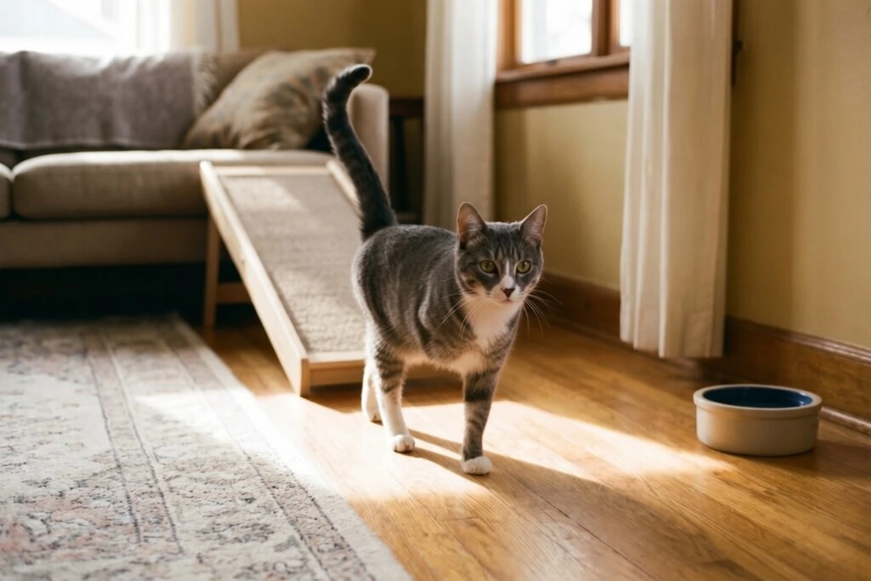 Joey confidently walking across the living room floor