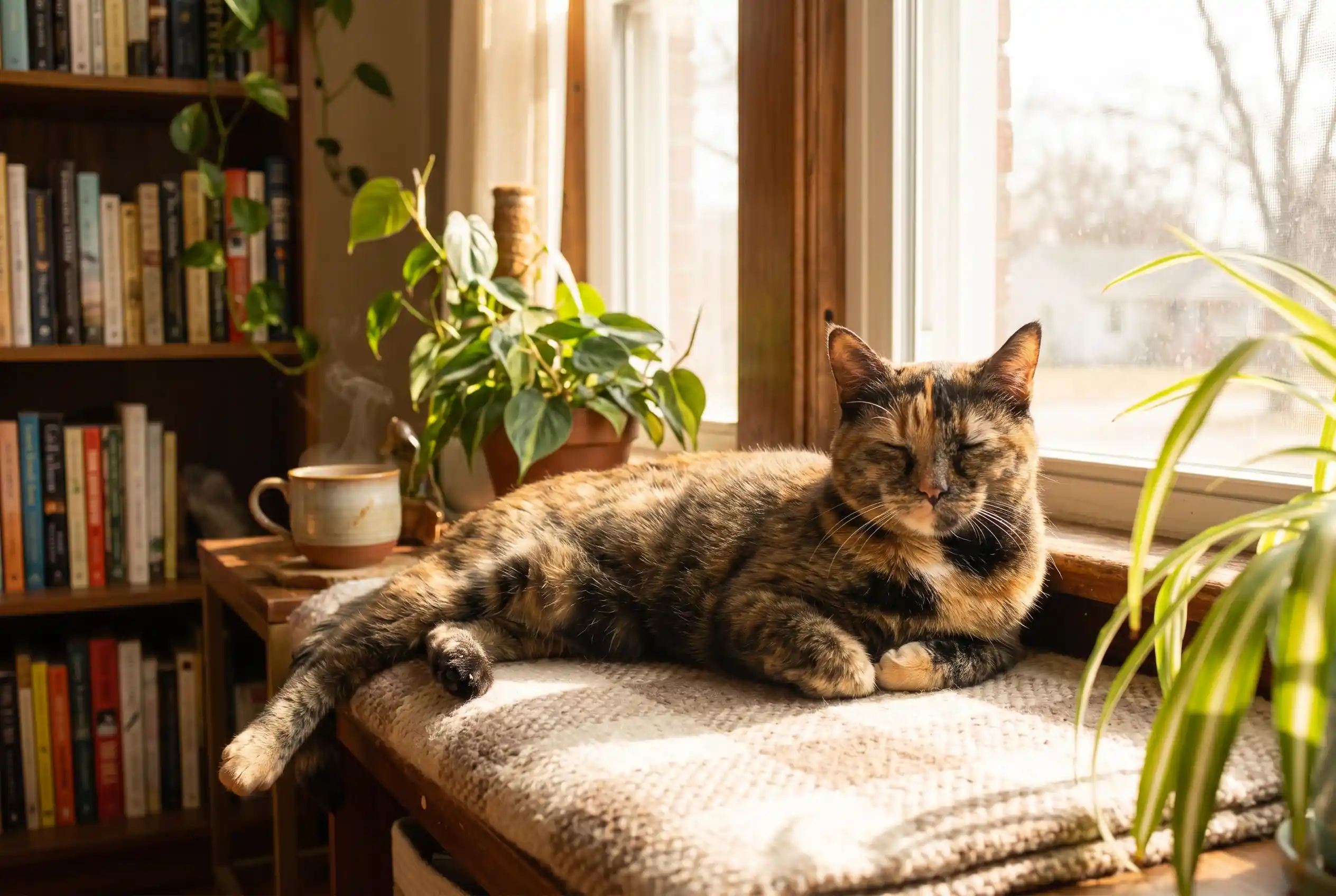 Lucinda lying peacefully in a sunbeam in her forever home
