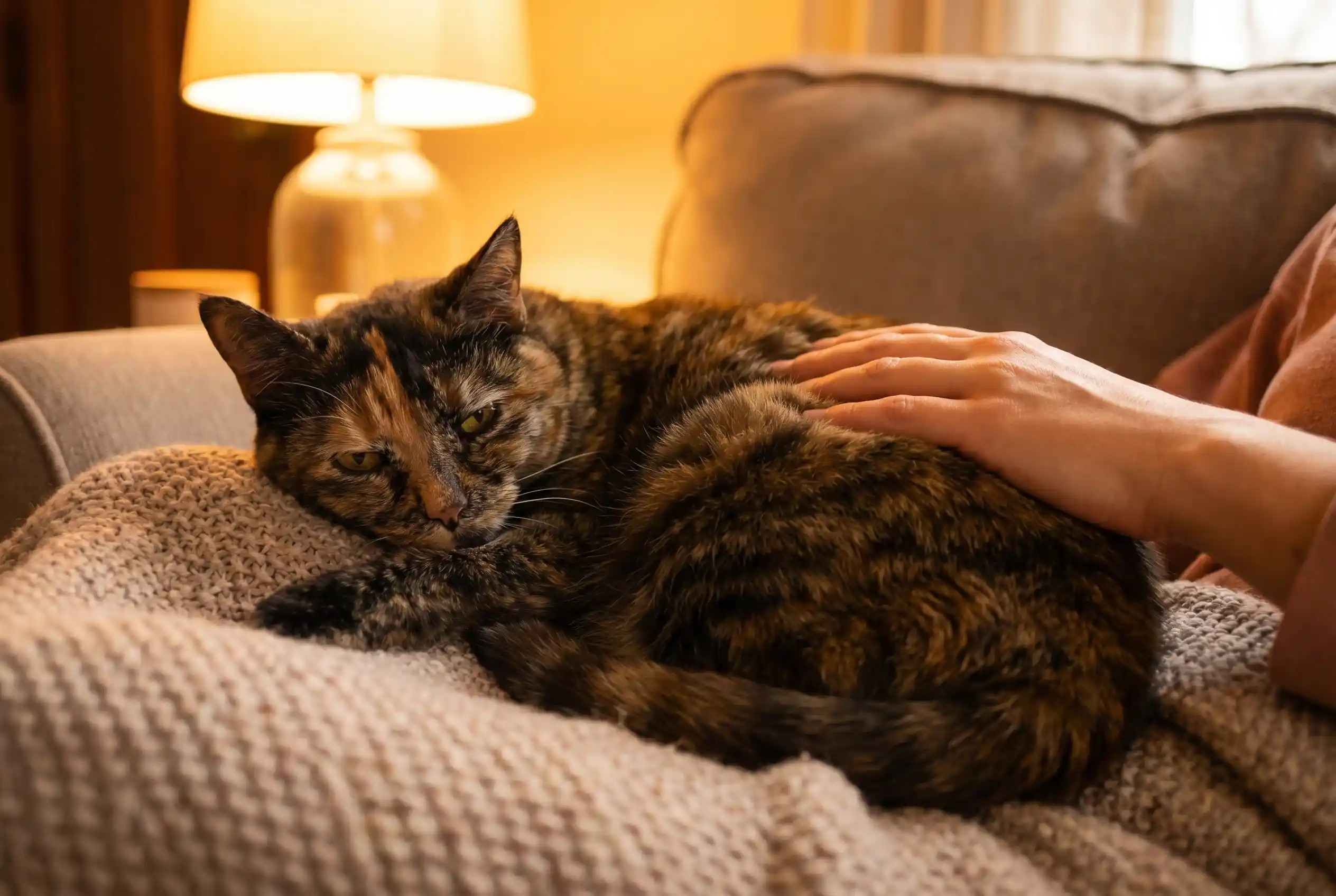 Lucinda curled up contentedly on her new owner's lap on the first day