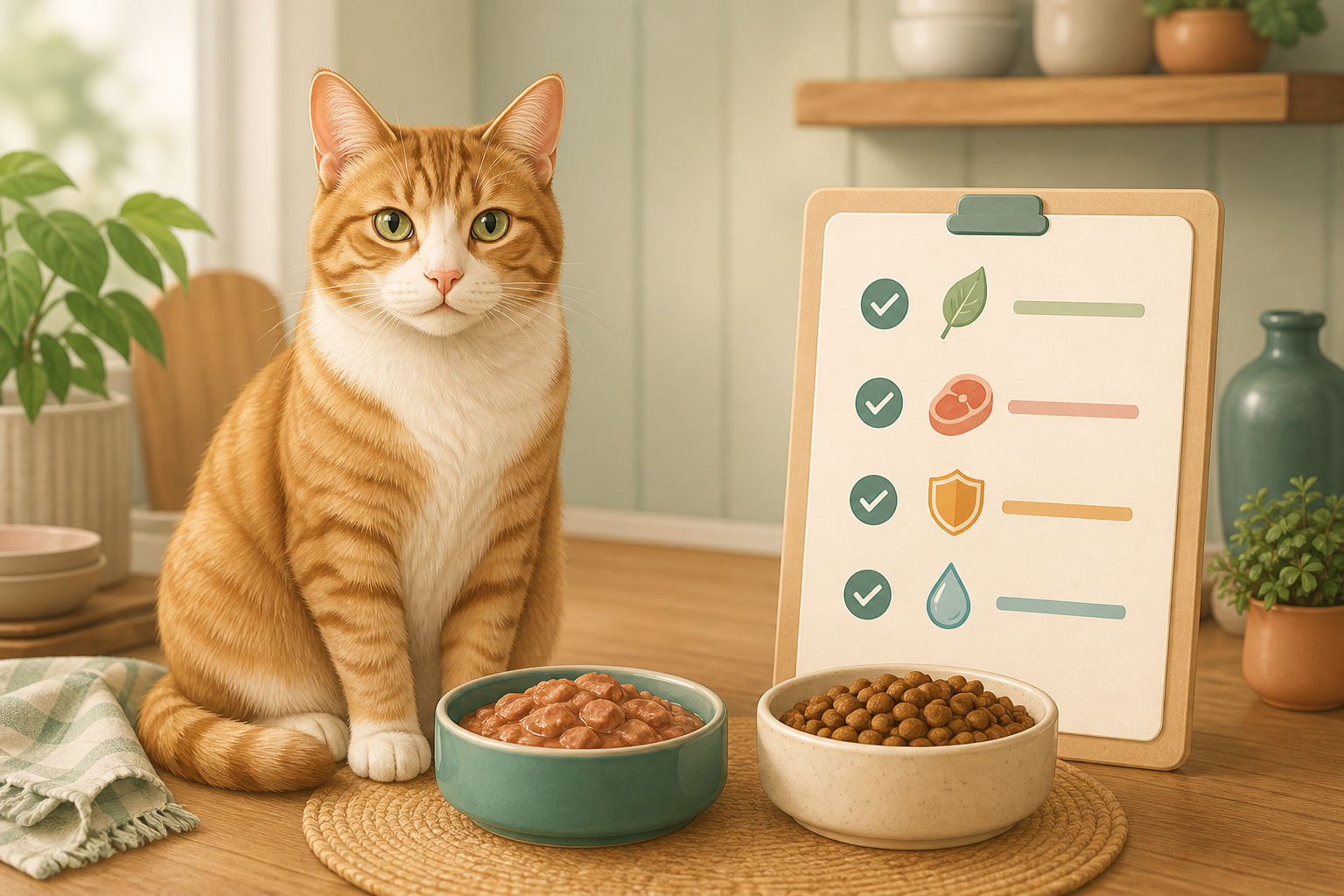 Orange tabby cat sitting beside bowls of wet and dry food with a nutrition checklist board in a warm kitchen.