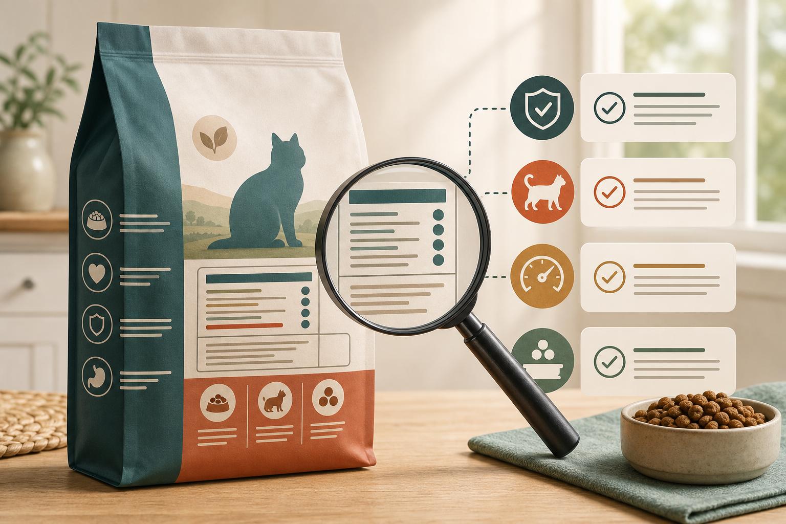 Unbranded cat food bag with a magnifying glass and abstract checklist icons for label review.