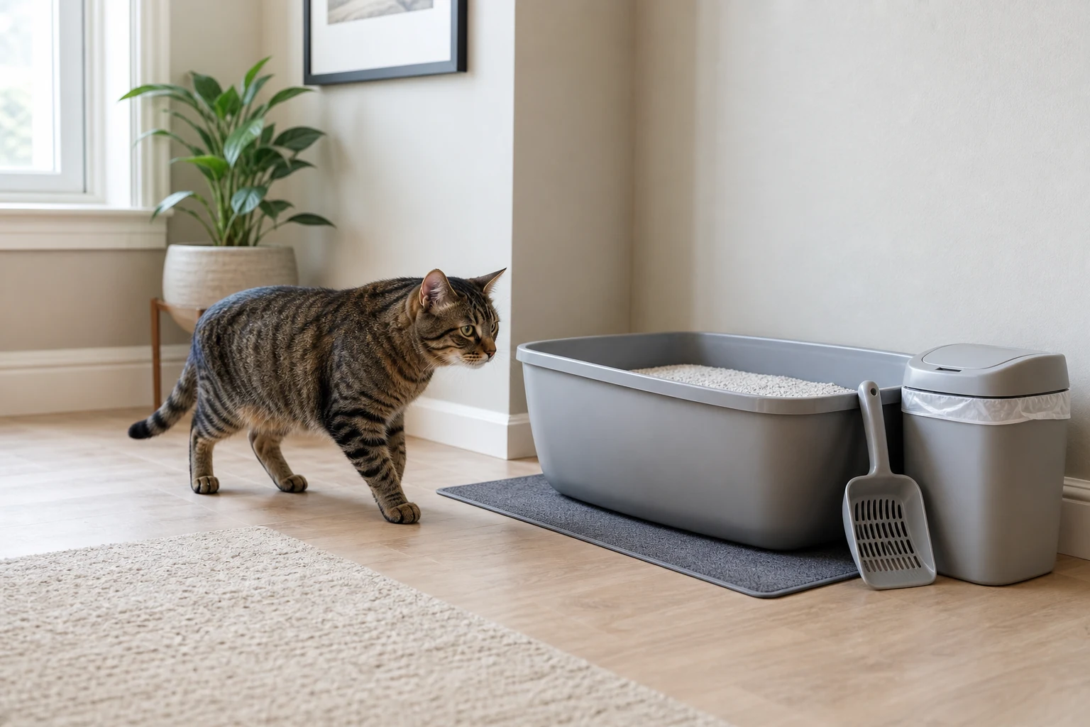 Relaxed tabby cat approaching a large uncovered litter box in a quiet, clean home