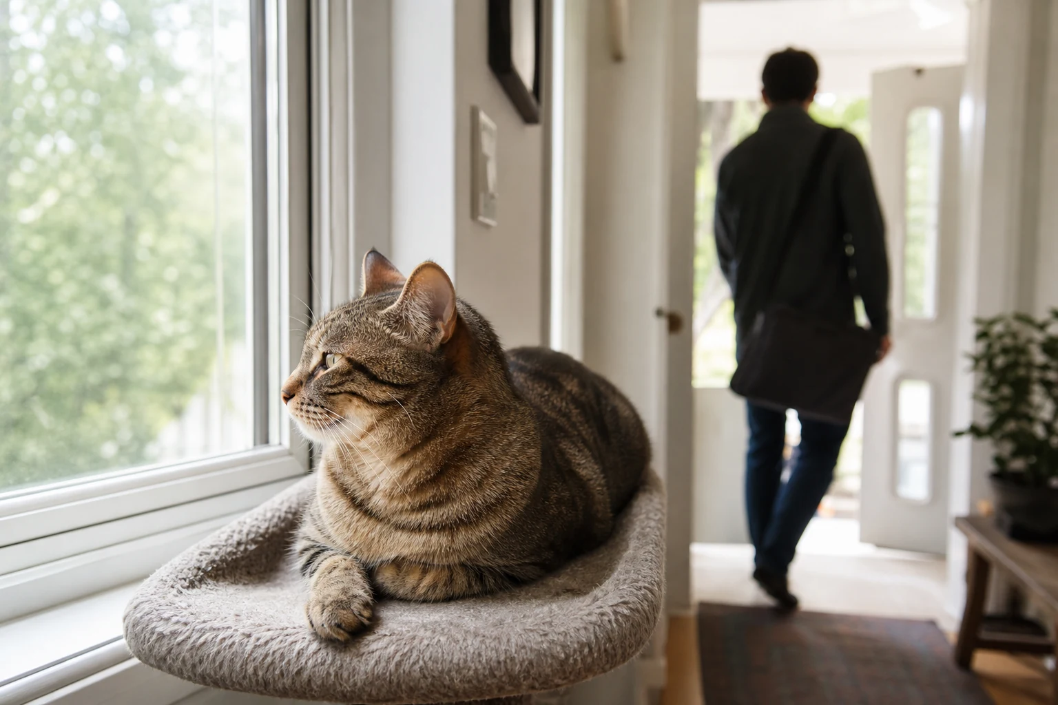 Relaxed cat on an elevated perch during a calm caregiver departure