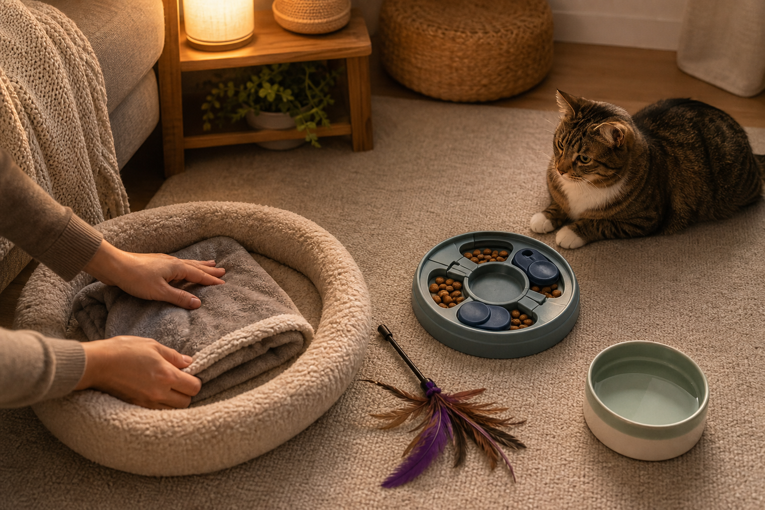 Cat parent arranging a soft bed, food puzzle, water bowl, and feather toy for a calm evening routine.