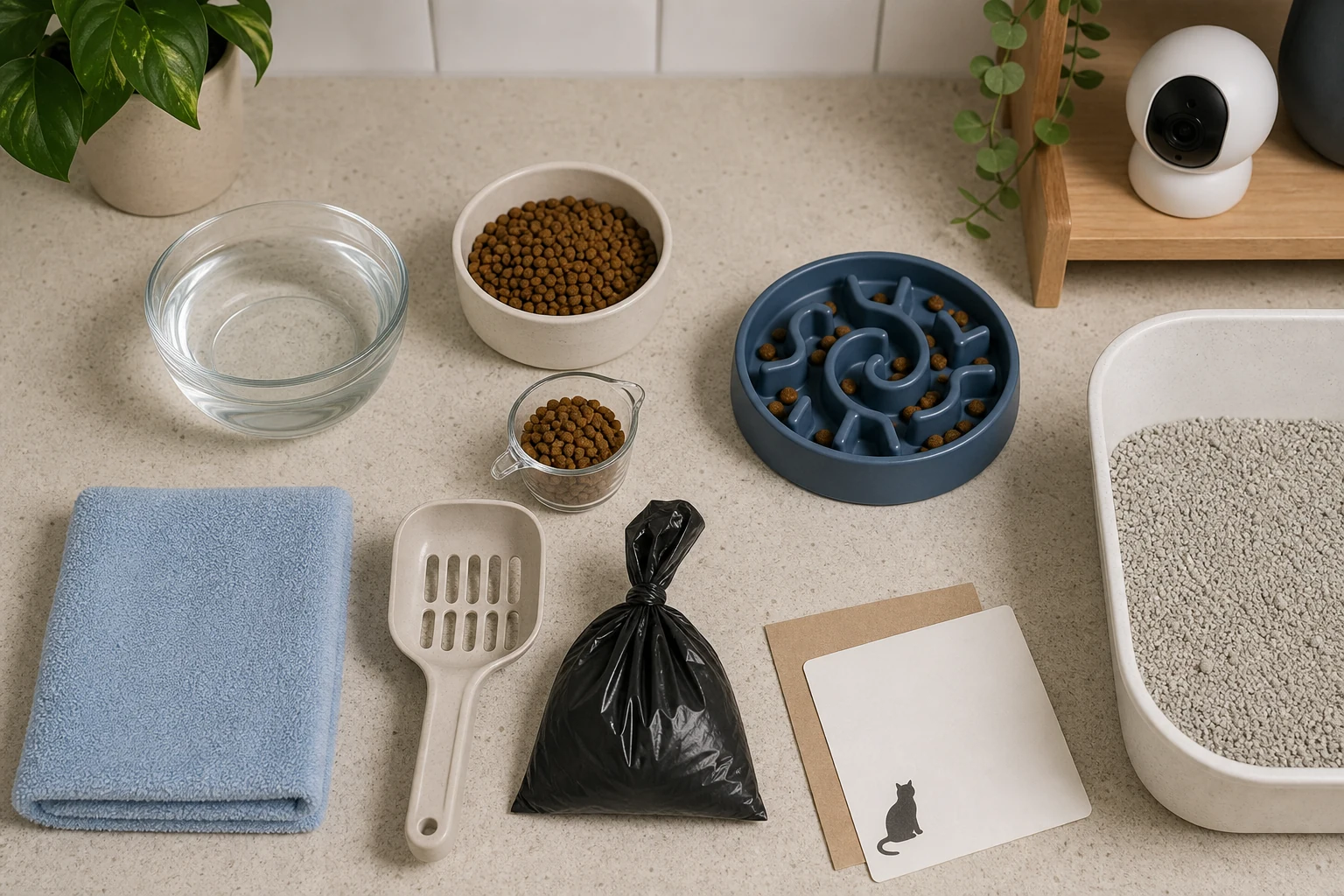 Cat-alone preparation supplies arranged on a counter, including water, measured dry food, a puzzle feeder, a litter scoop, waste bag, and pet camera.
