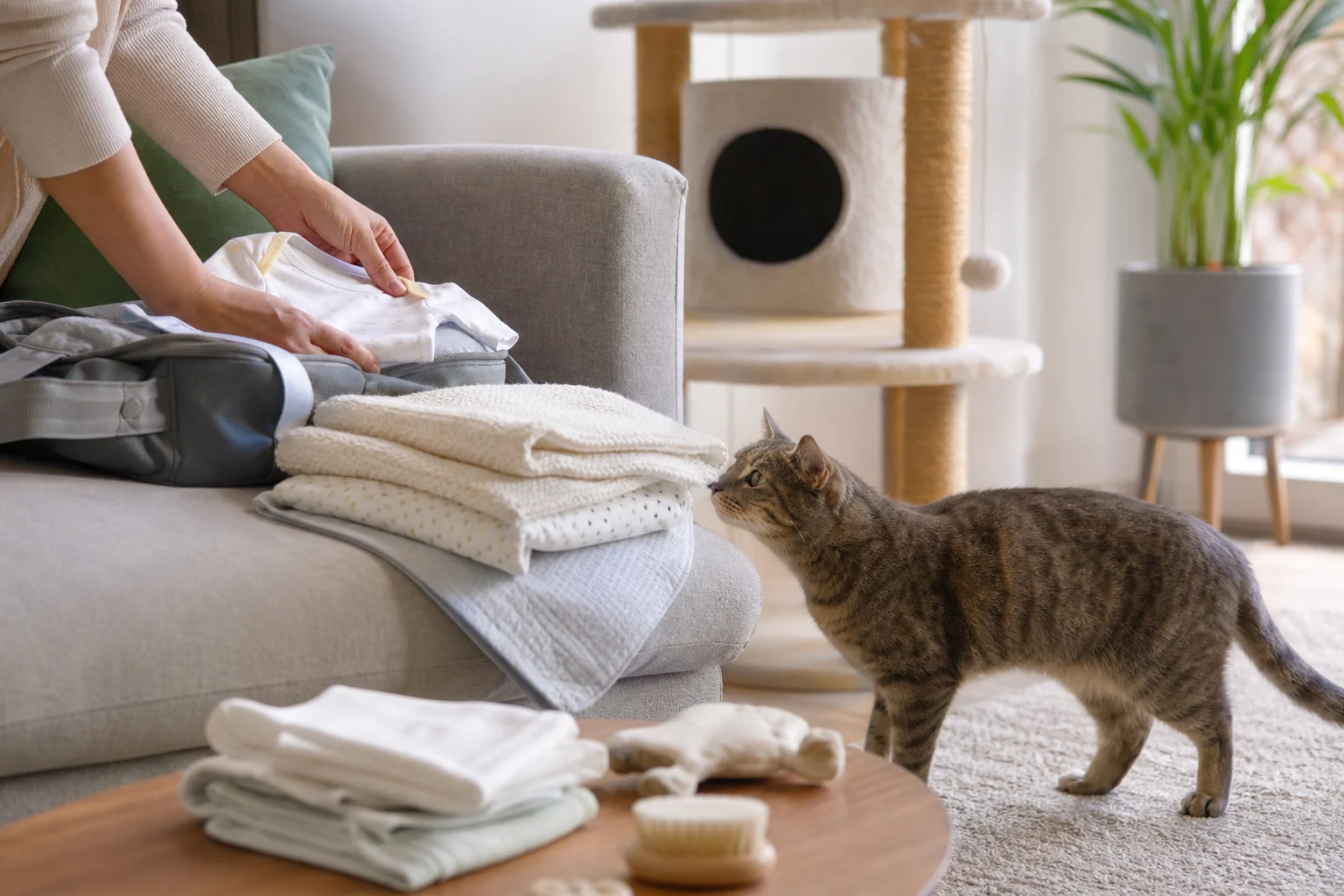 A cat calmly sniffing folded baby clothes from a safe distance near a cat tree.
