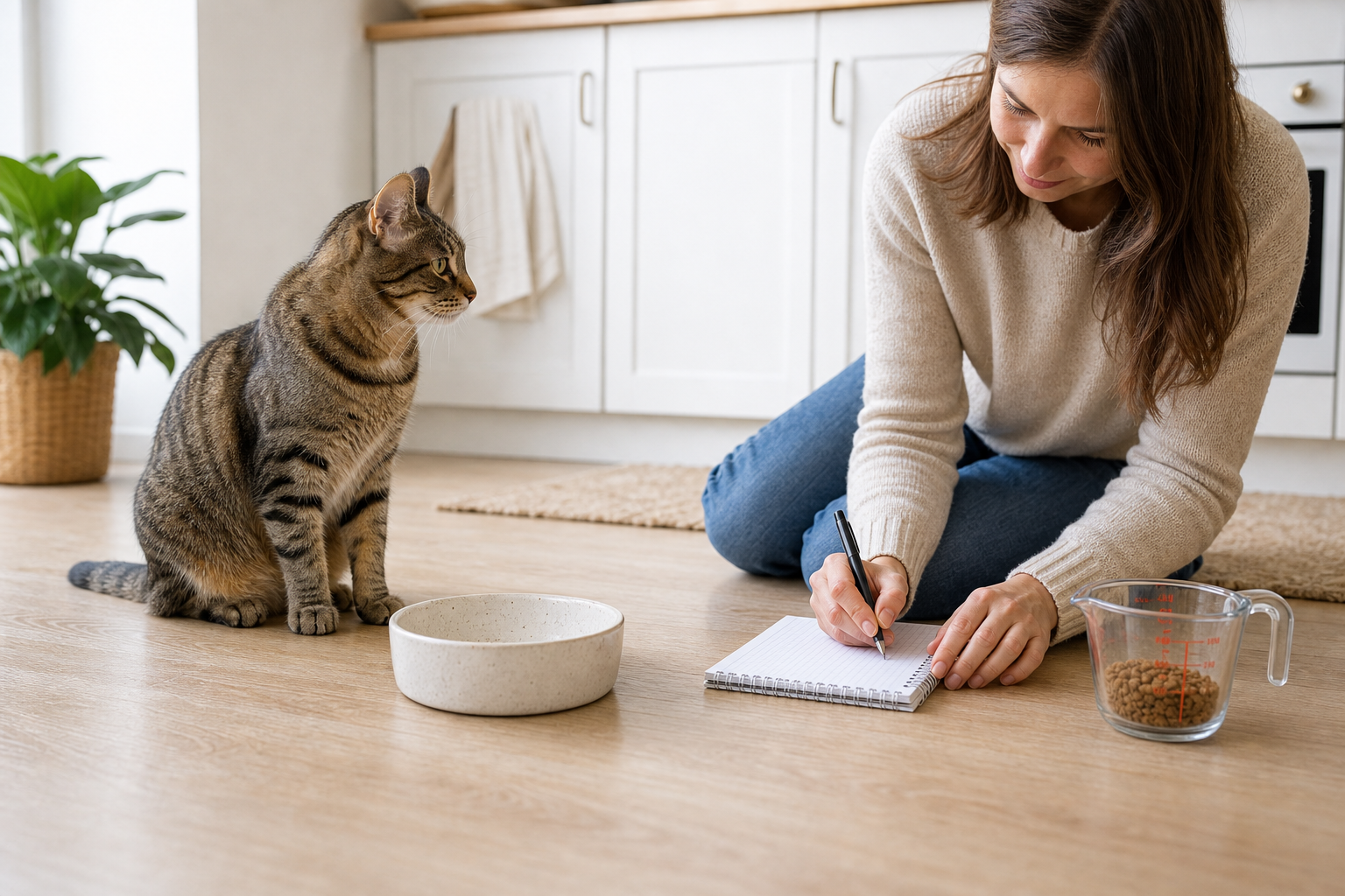 Adult cat sitting beside an empty food bowl while a cat parent checks a measured feeding log.