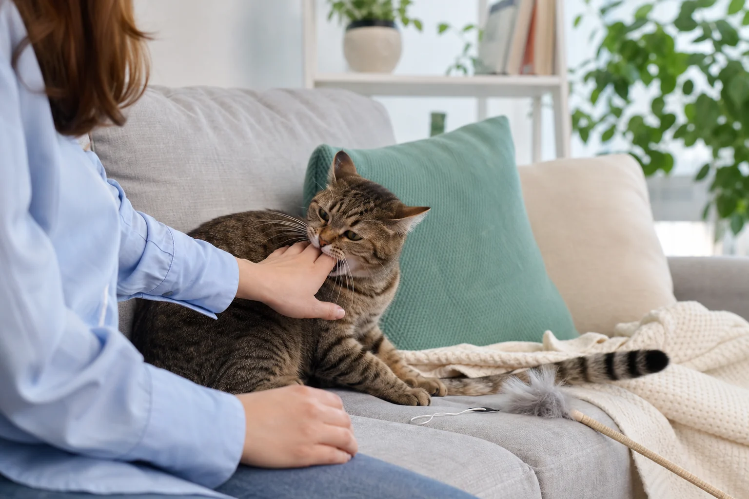 A tabby cat gently warning-bites a person's hand during petting on a sofa while the person pauses.