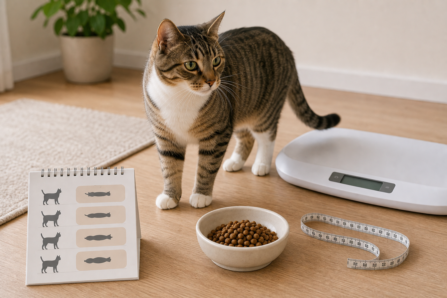 Cat near a pet scale, measuring tape, and body condition chart.