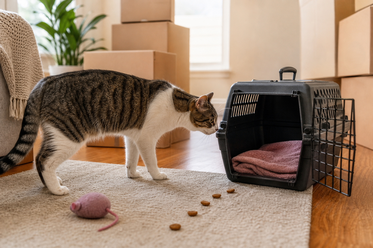 A cat calmly approaching an open carrier with a towel, treats, and a familiar toy before moving day.