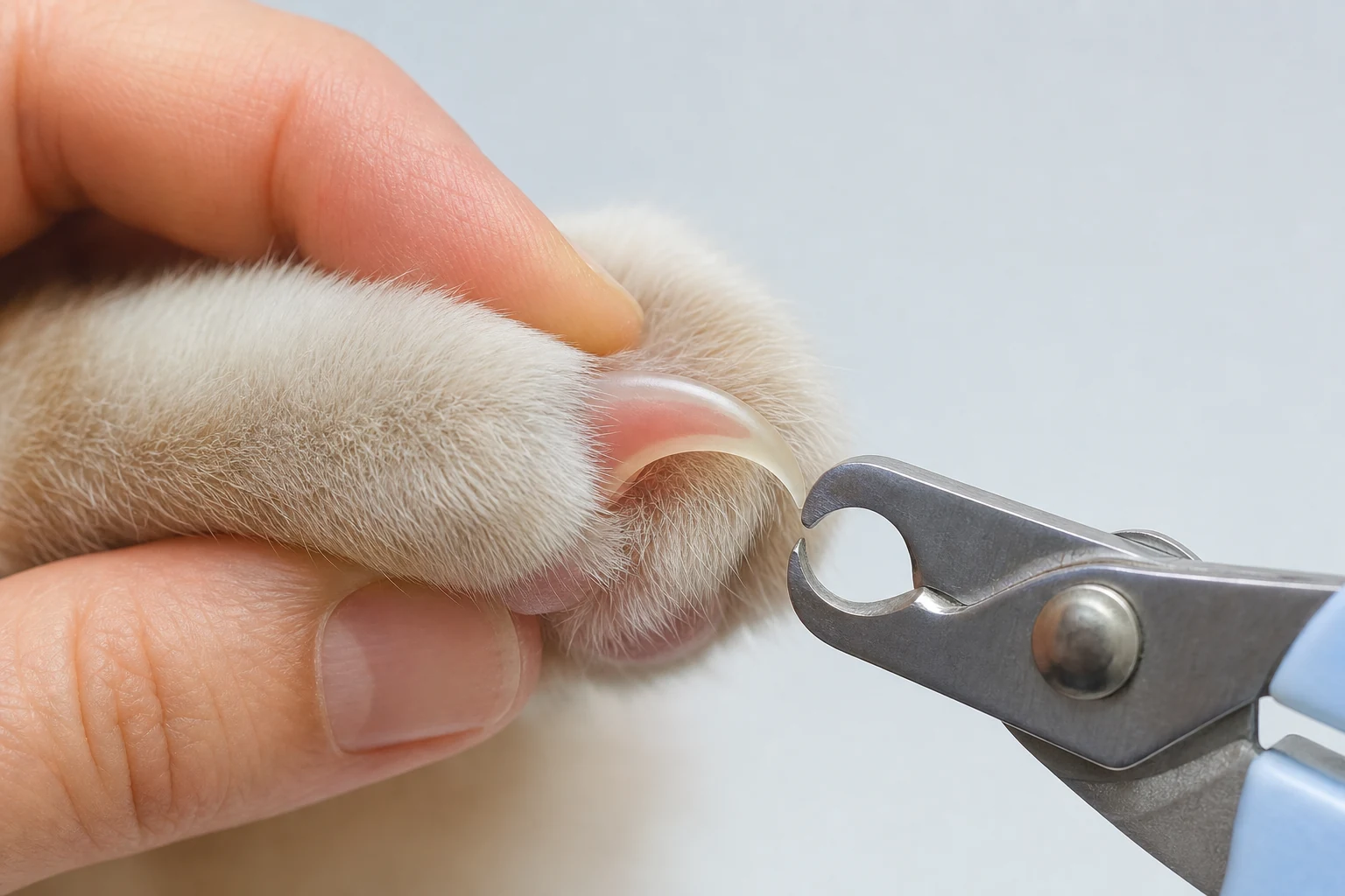 Close-up of a cat claw showing the translucent tip and pink quick